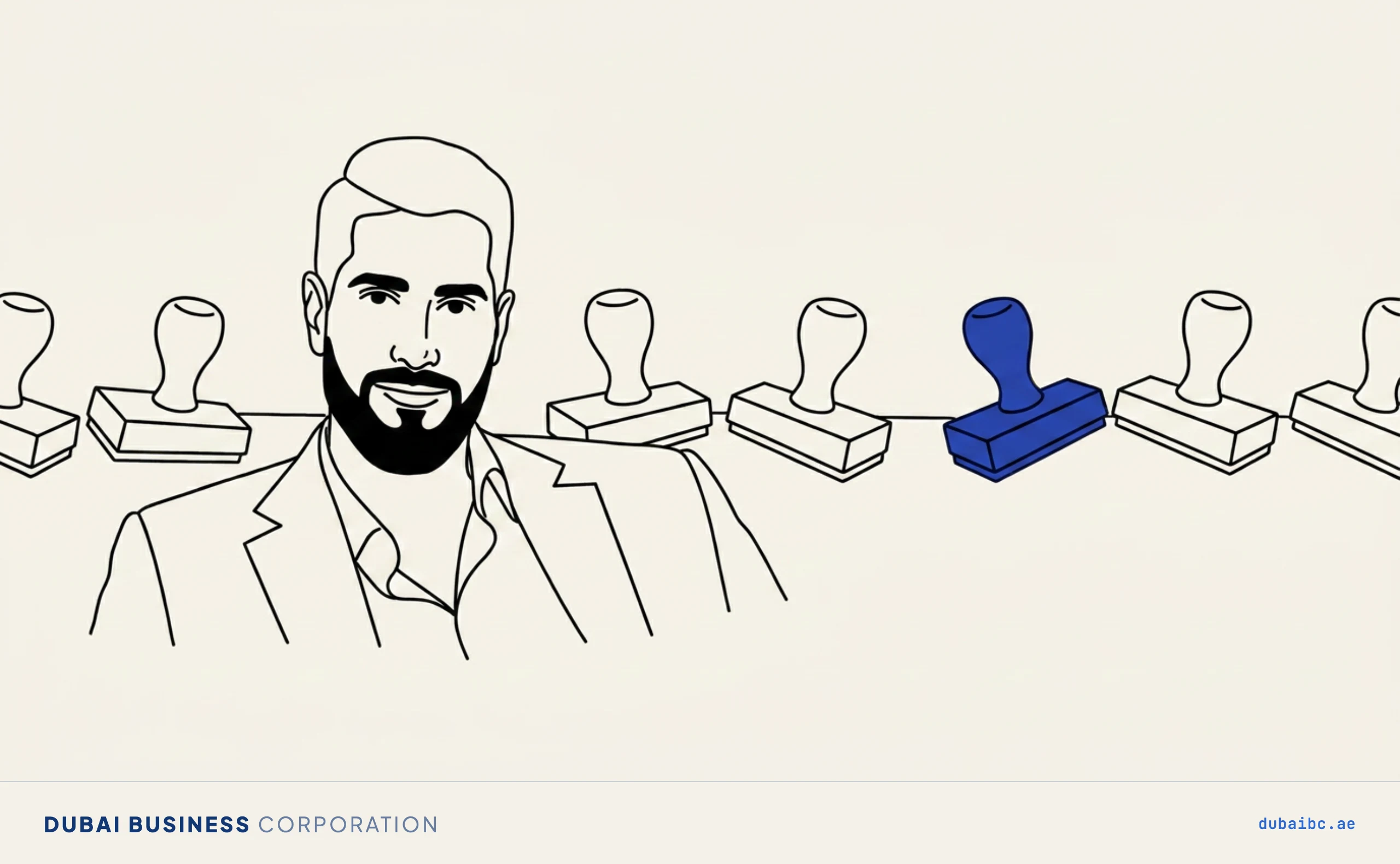 Line drawing of a man following a row of stamp marks across a document, one royal-blue.