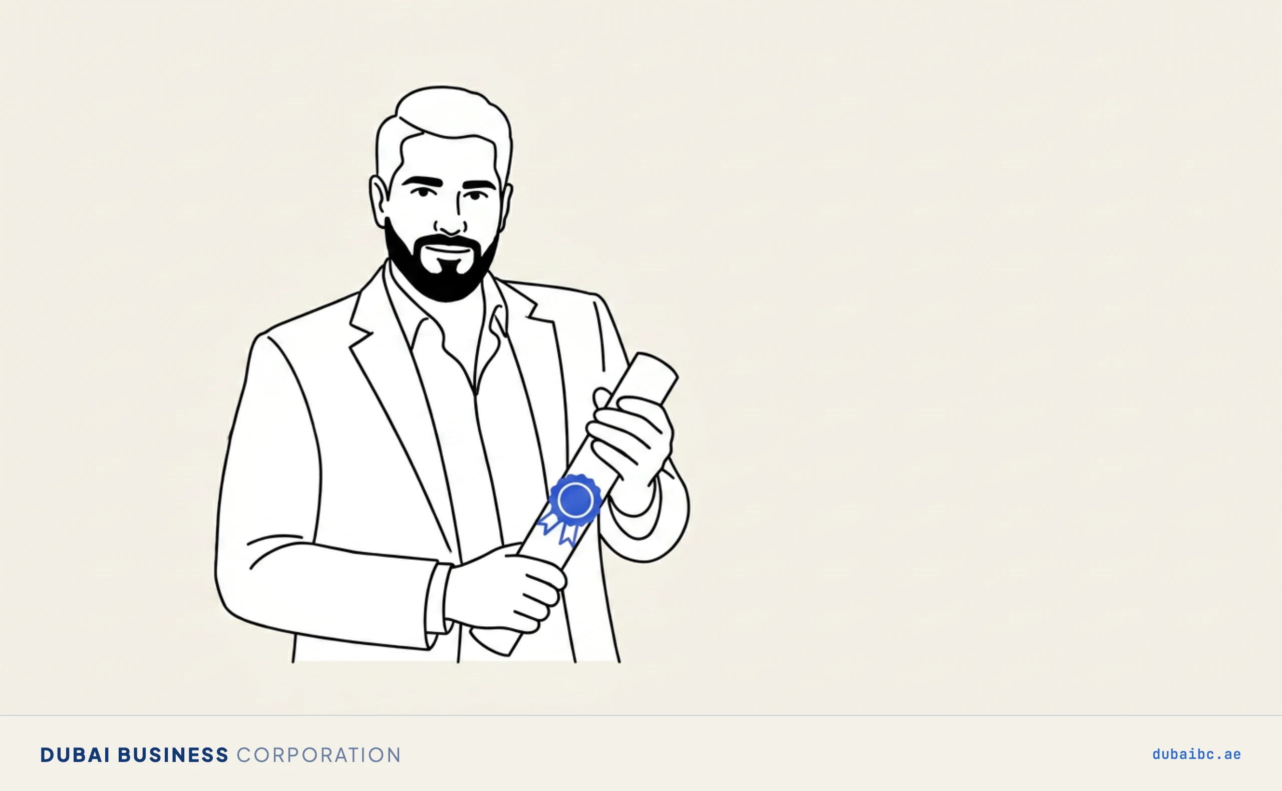 Line drawing of a man holding a rolled certificate marked with one royal-blue equivalency seal.