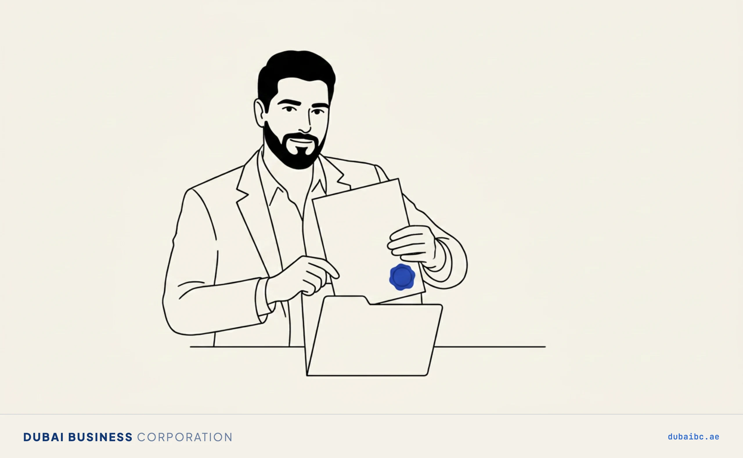 Line drawing of a man filing a document into a folder marked with one royal-blue completed seal.