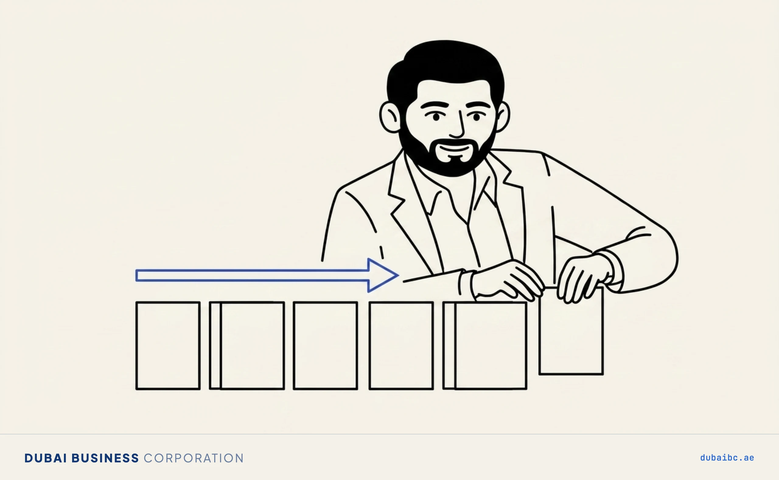 Line drawing of a man arranging stamped pages in a line under a single royal-blue one-way arrow.