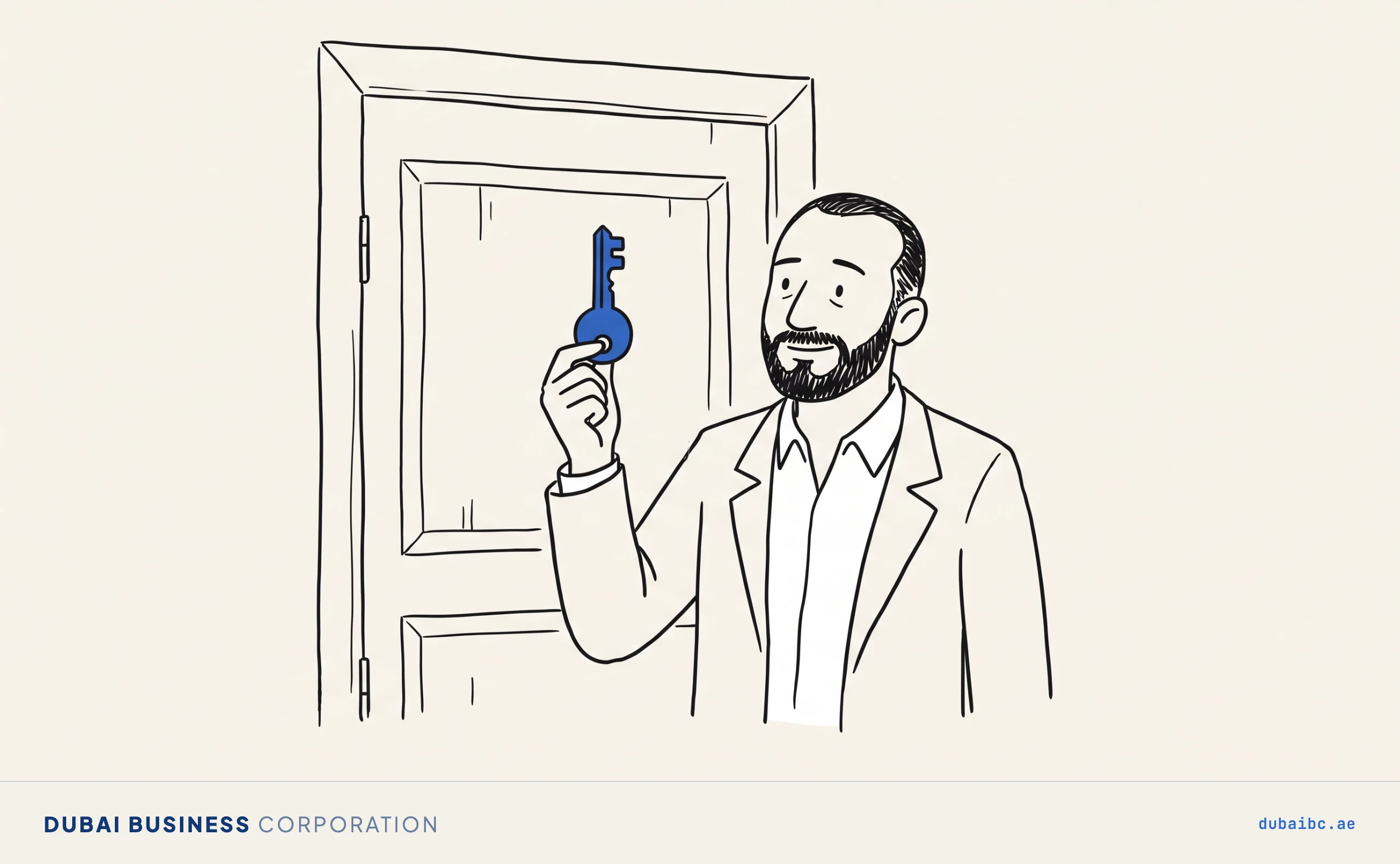 Ali, a bearded businessman in a white-fill blazer, holds a royal-blue key and faces a large closed door, the whole scene drawn as thin ink lines on warm off-white paper.