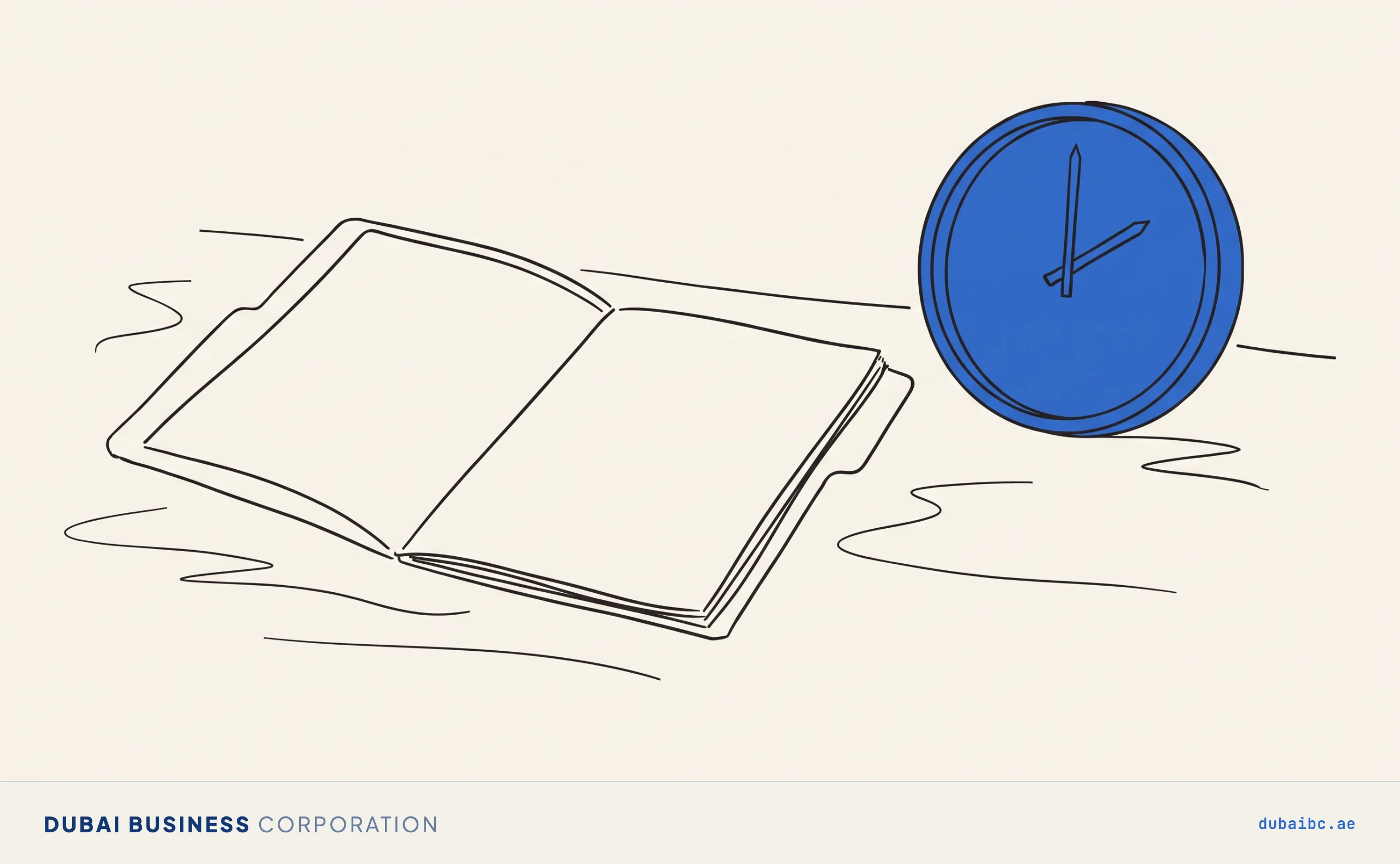 An open folder with completely blank pages lies beside a wall clock with a royal-blue face, both drawn as flat ink lines on warm off-white paper.