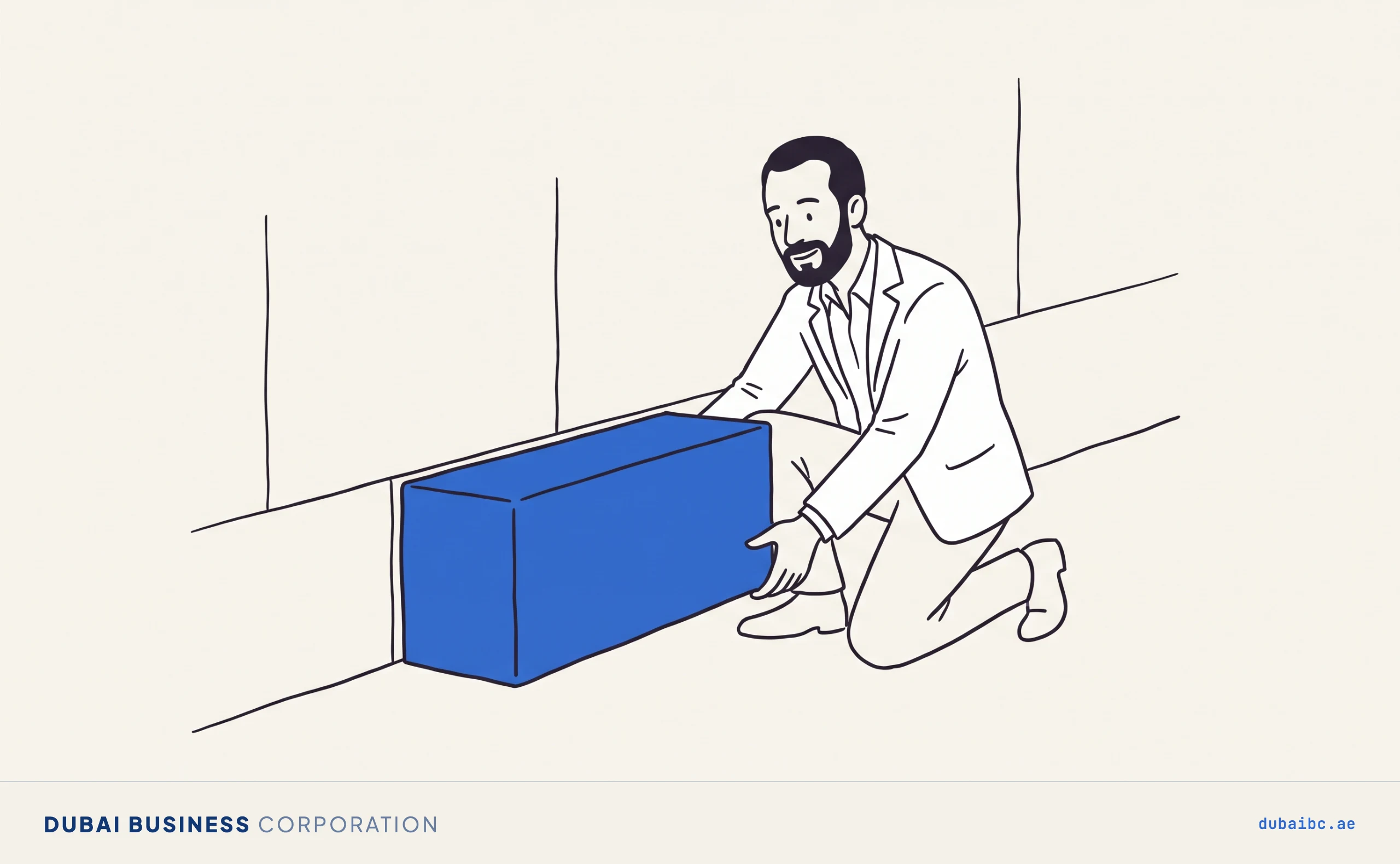 Ali kneels and lowers a solid royal-blue cornerstone into the base of a wall, drawn in thin near-black ink lines on warm off-white paper.