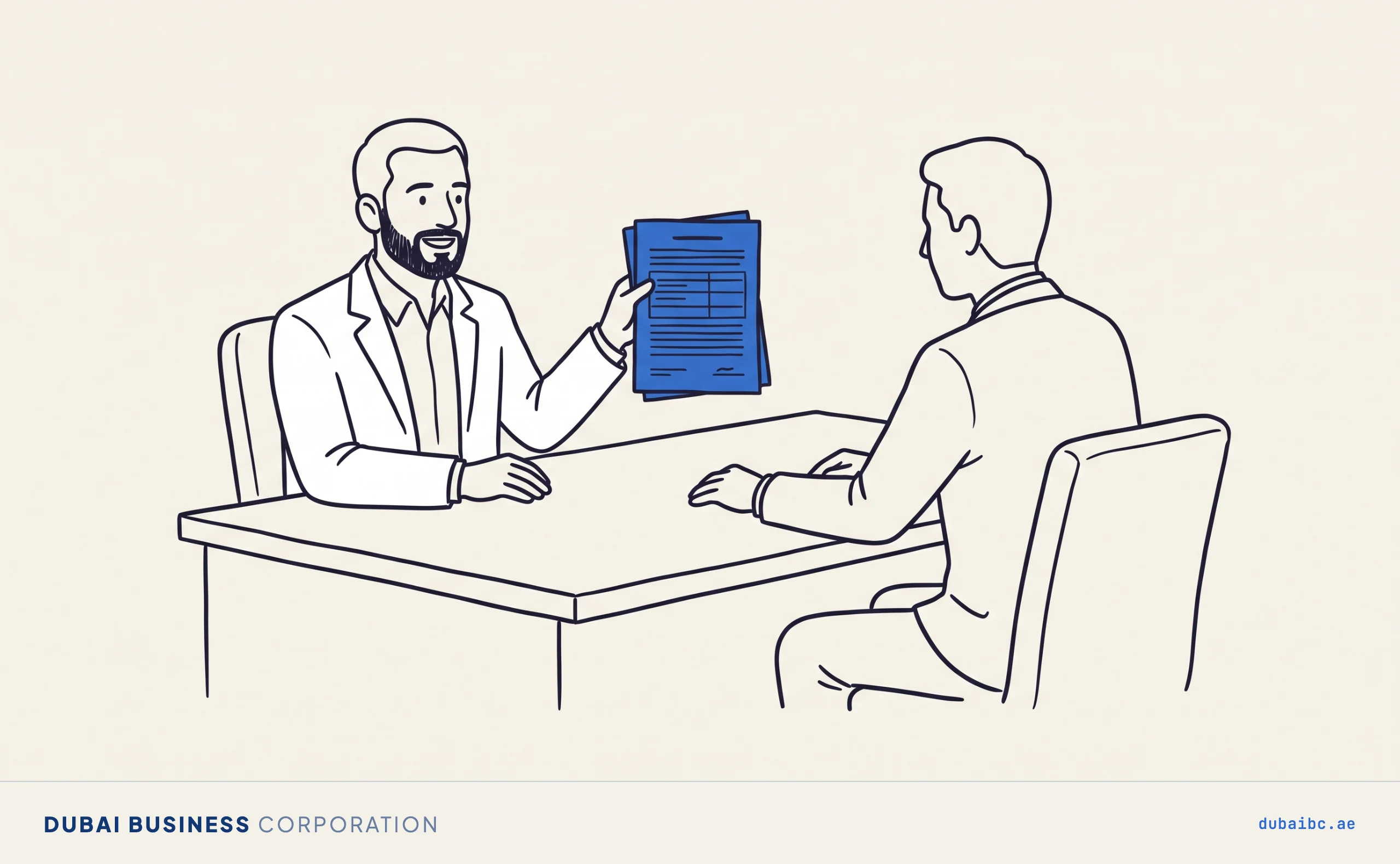 Ali sits across a desk from a suited bank officer and holds up a royal-blue document between them, the whole scene drawn as flat ink lines on warm off-white paper.