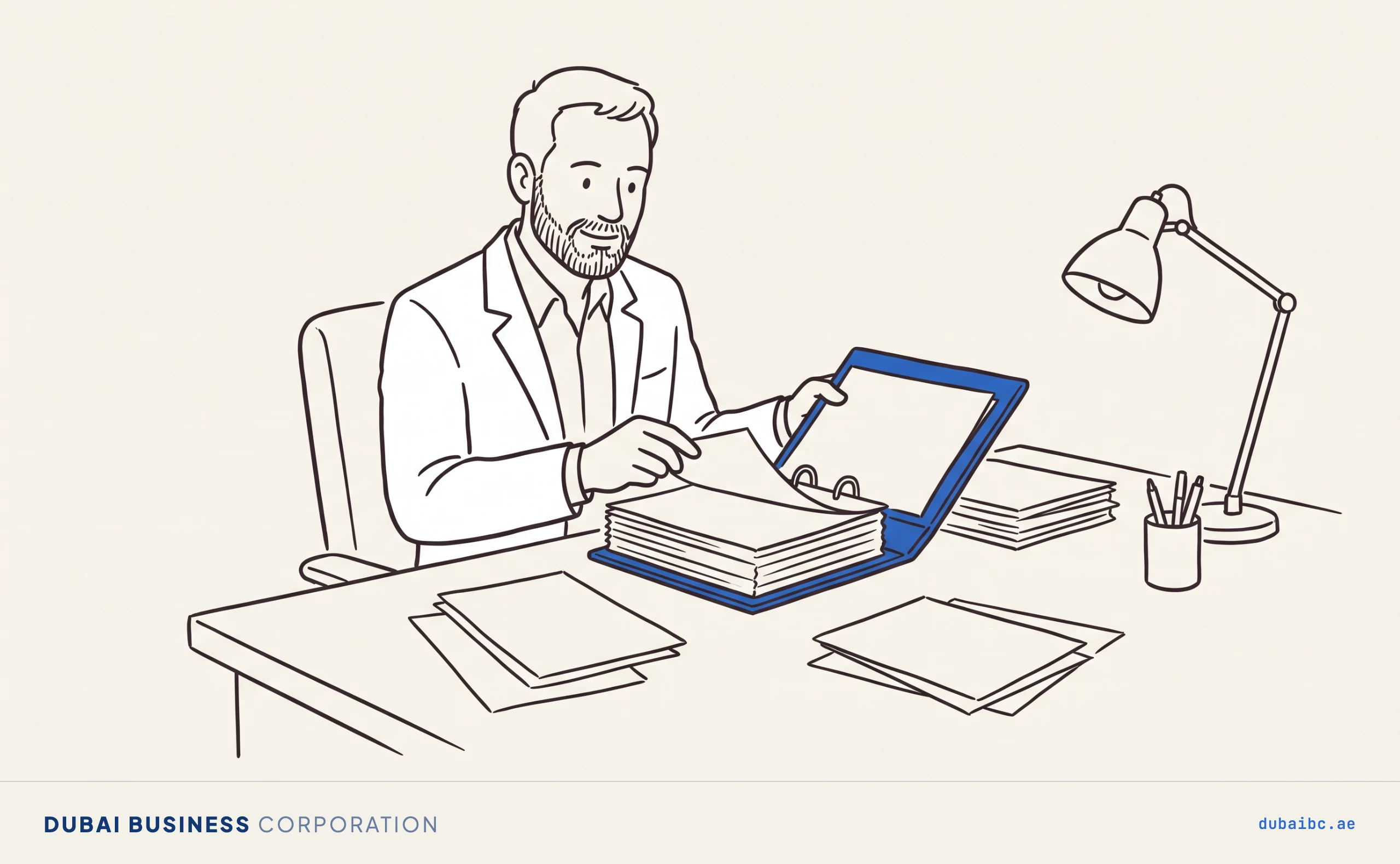 Ali sits at a desk and carefully assembles pages into a thick royal-blue binder, drawn in thin ink lines on warm off-white paper.