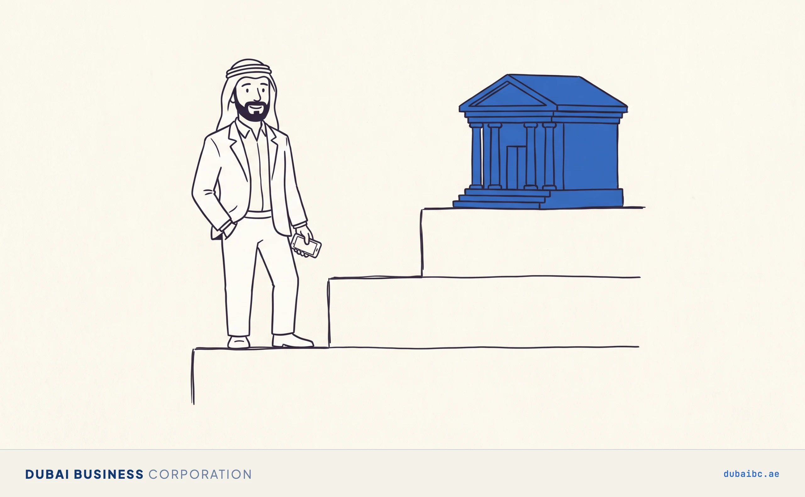 Ali stands on the lower of two stair steps with a phone at his side, looking toward a royal-blue bank building at the top, drawn as flat ink lines on warm off-white paper.