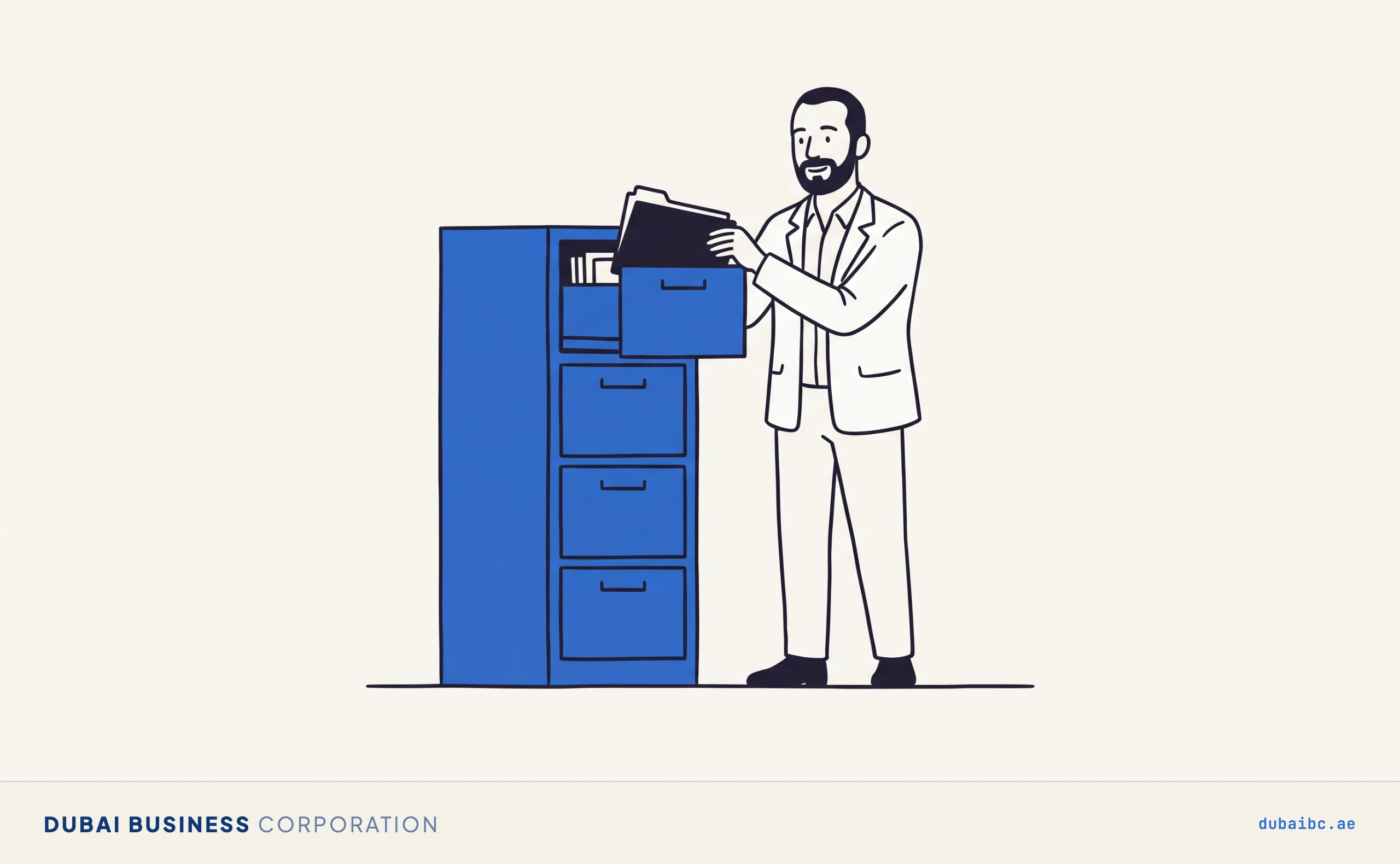 Ali slides a folder into the top drawer of a tall royal-blue filing cabinet, with the lower drawers neatly shut, drawn in thin ink lines on warm off-white paper.