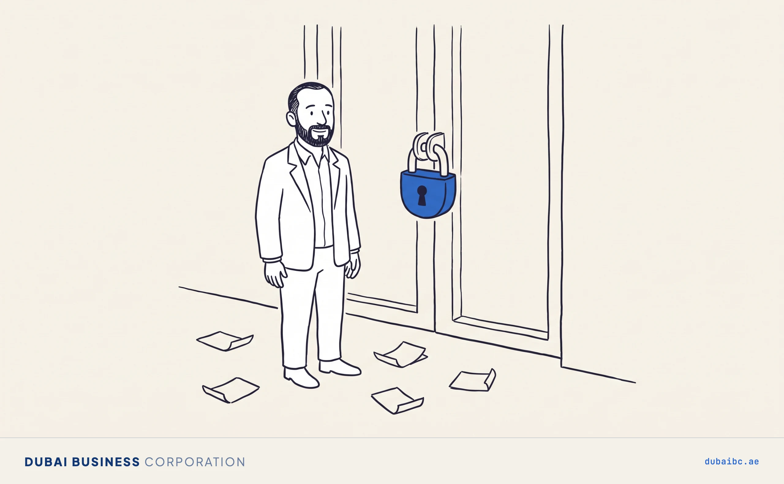 Ali stands at a locked gate with a heavy blue padlock blocking the way, while scattered paper fine notices lie unnoticed at his feet.