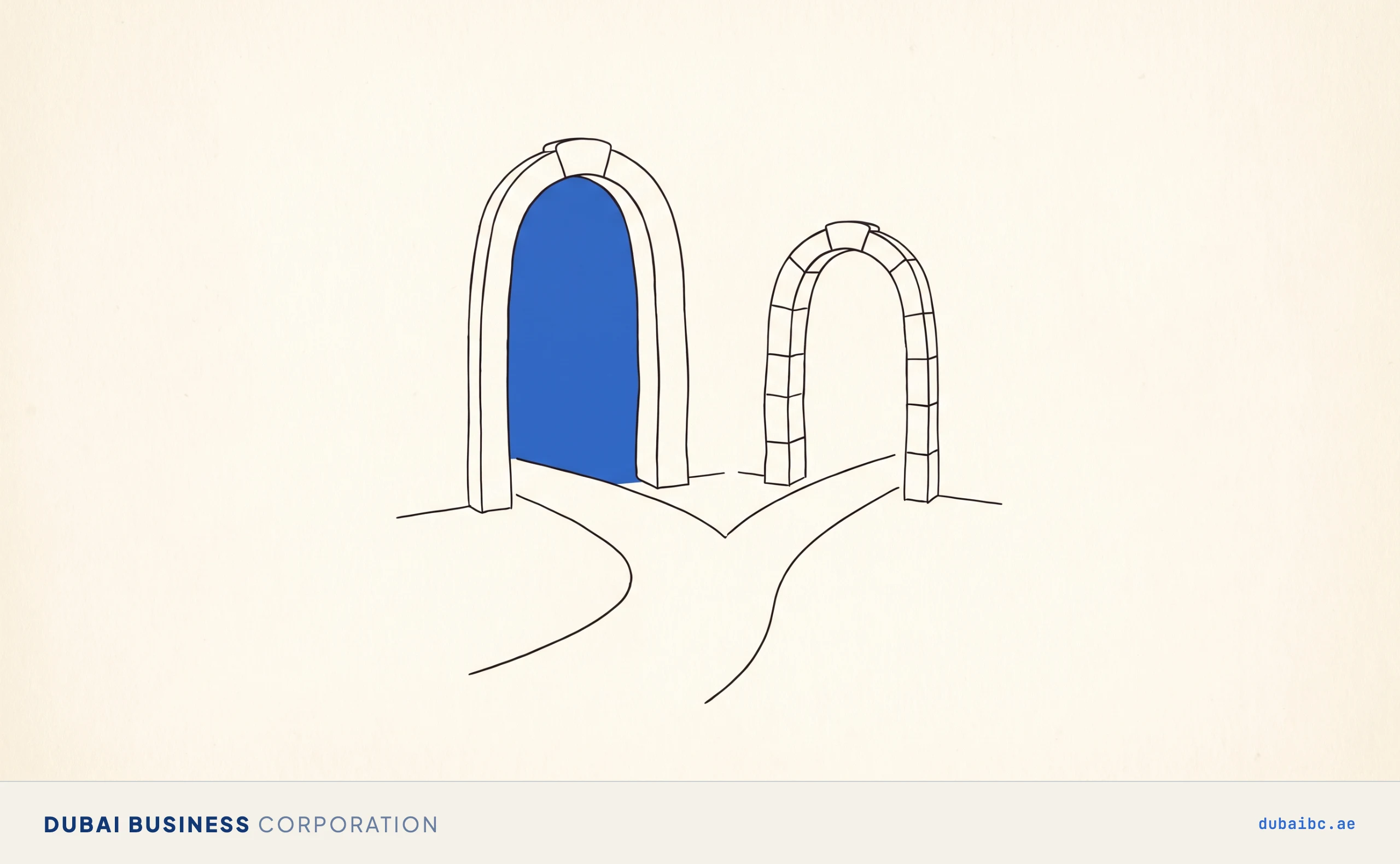 Two archways at a fork in a path, the larger federal one lit blue inside and the smaller emirate one in plain ink.