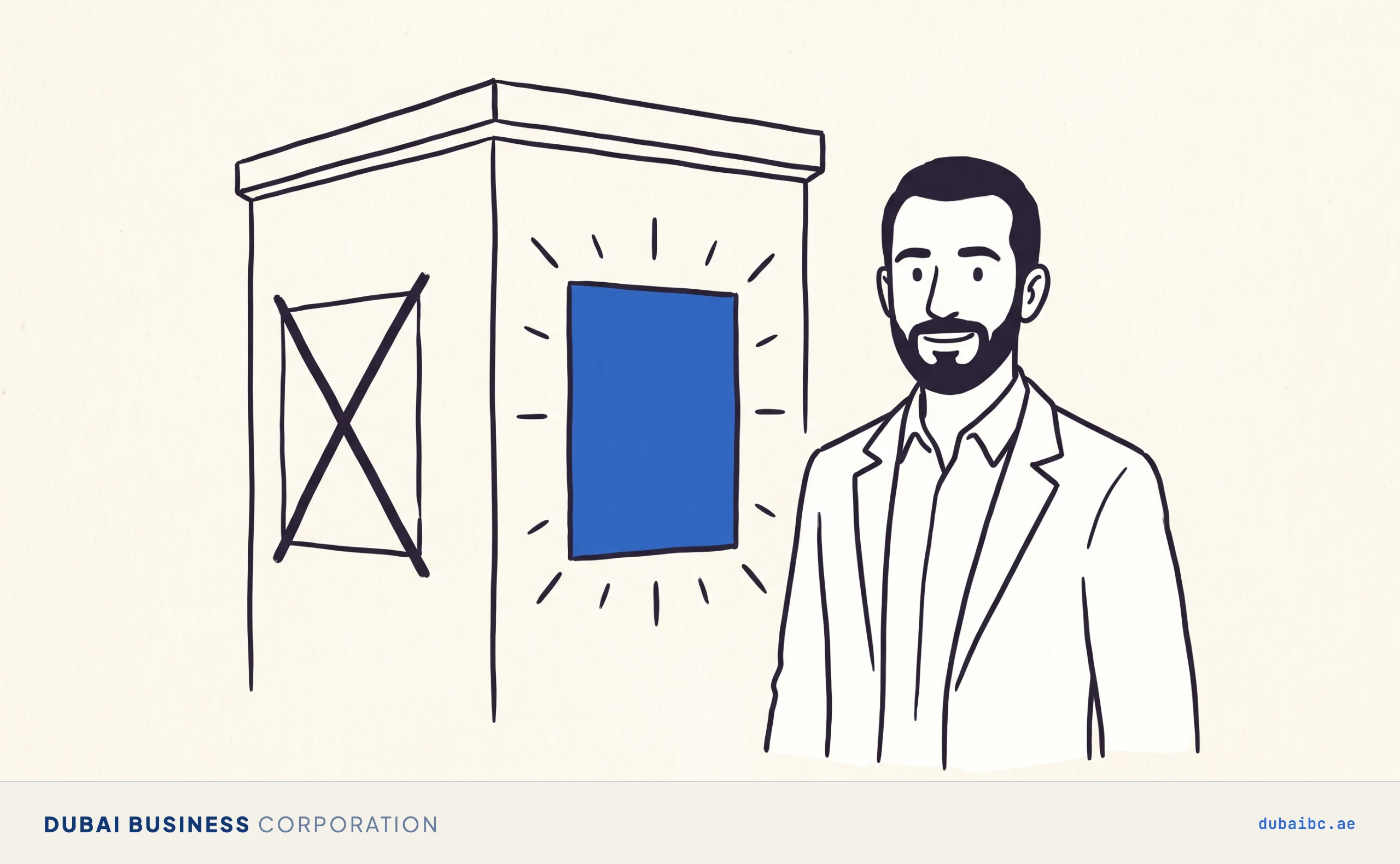 Ali stands beside a building where a crossed-out old placard has been replaced by a fresh blue one, the structure itself unchanged behind him.