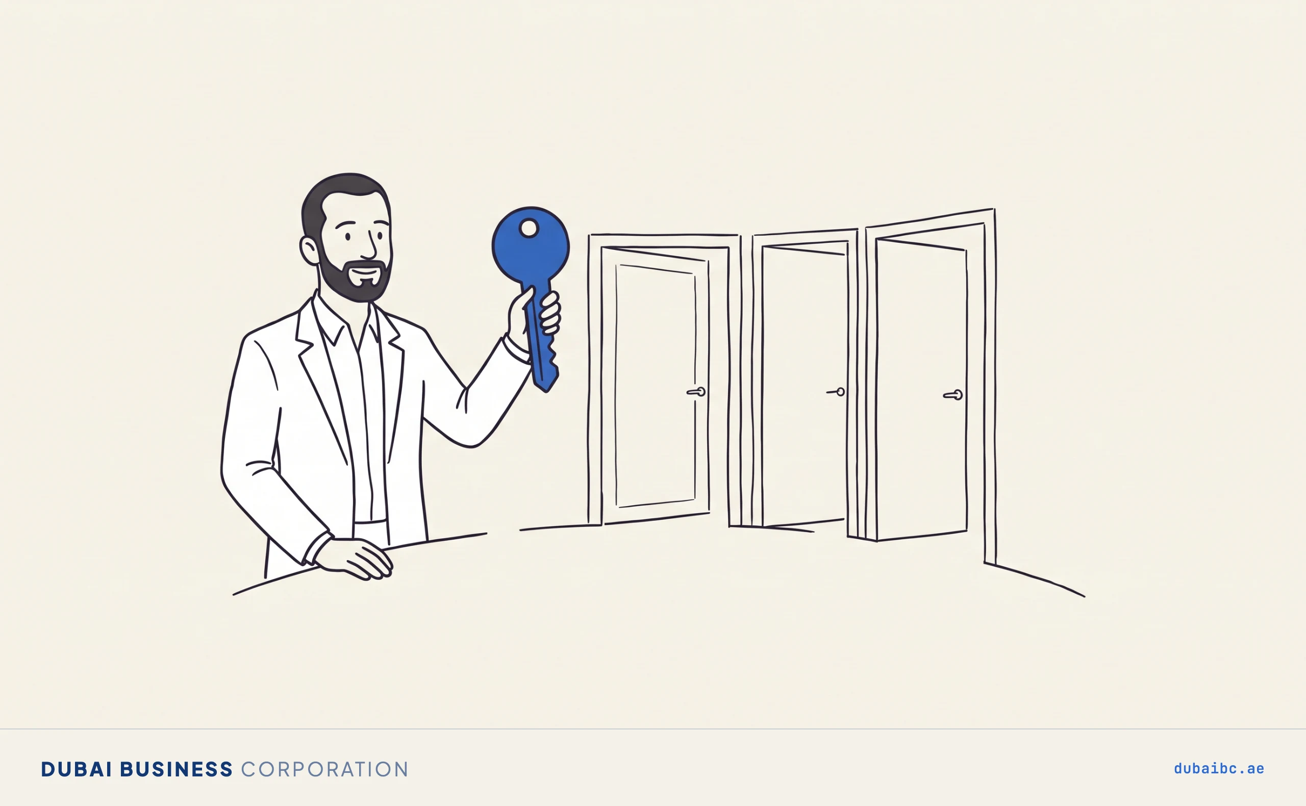 Ali holds up a single blue key as three doors arranged in a slight arc begin to swing open in front of him.