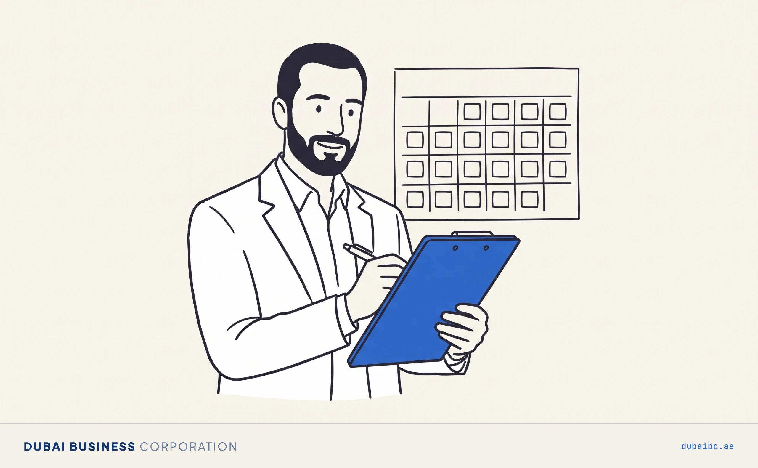 Ali ticks items on a blue clipboard while a bare grid calendar hangs on the wall behind him.