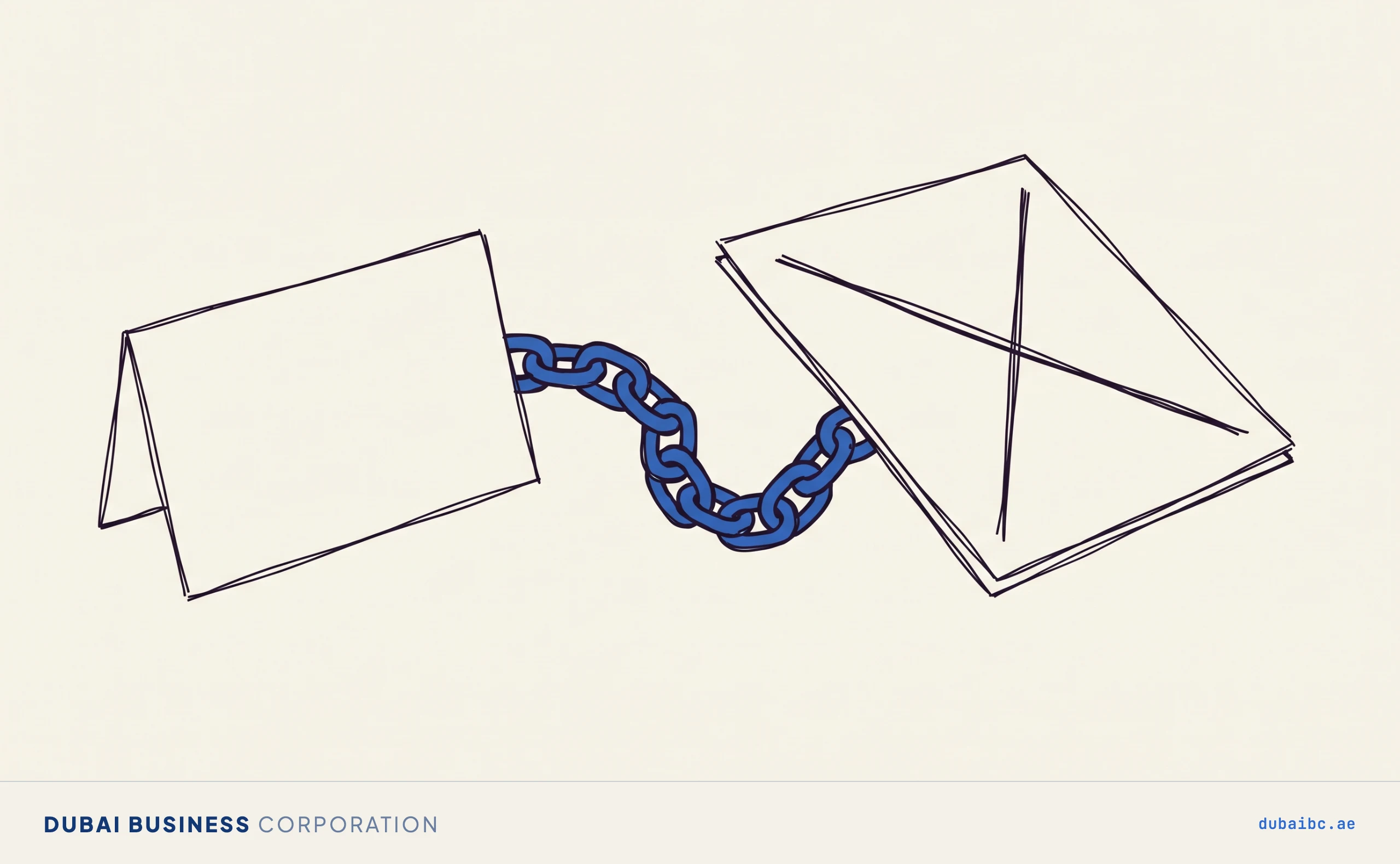 A plain folded fine notice on the left is connected by a thick blue chain to a crossed-out official renewal document on the right.