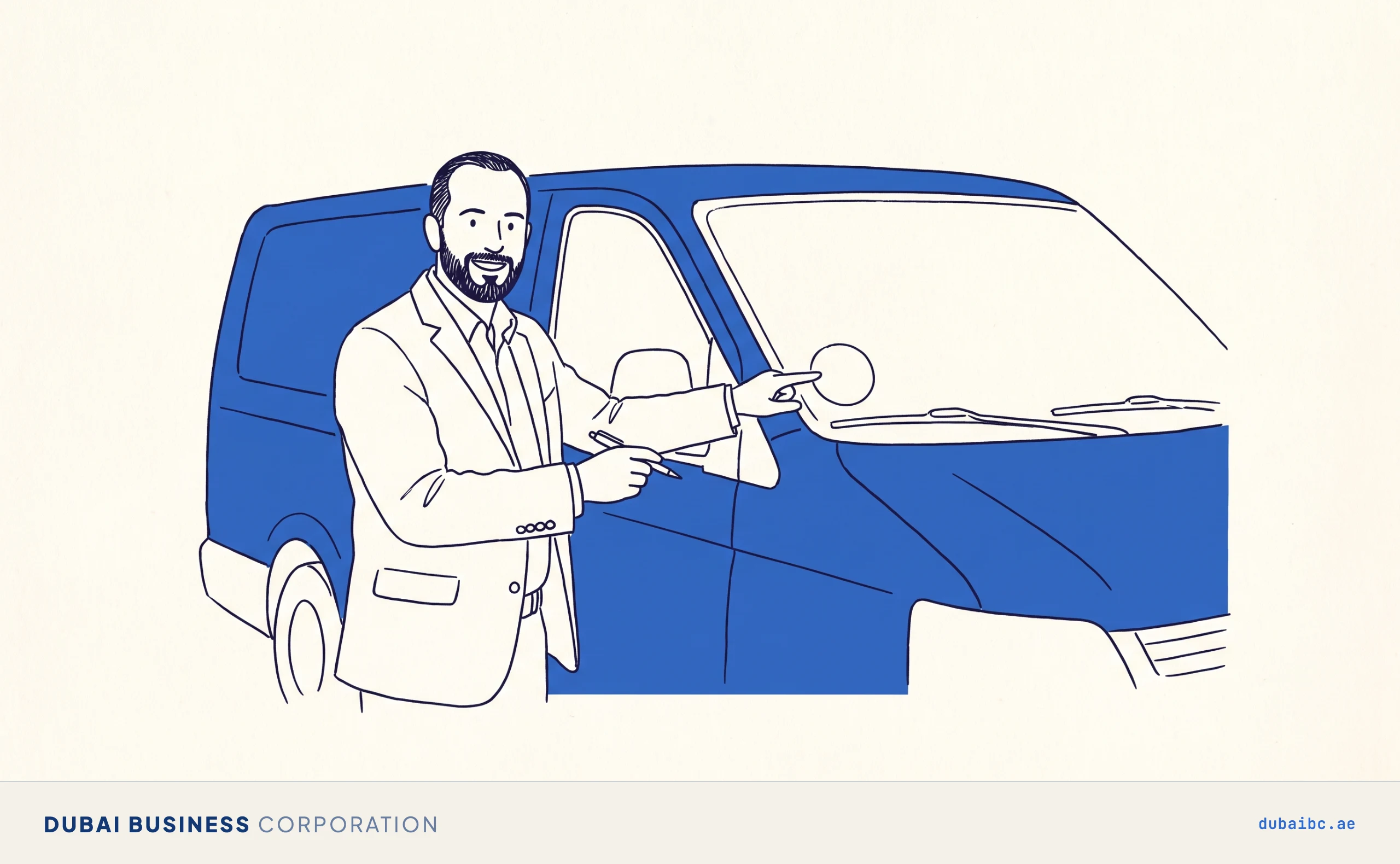 Ali stands beside a blue company van and points his pen at the blank round registration sticker on the windshield.