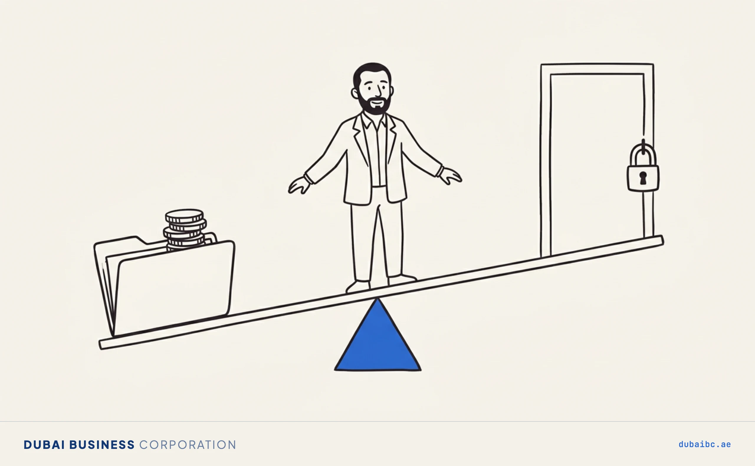 A seesaw with a folder and coin stack pulling the left side down and a padlocked door rising on the right, with Ali balancing on a blue triangular fulcrum at the center.