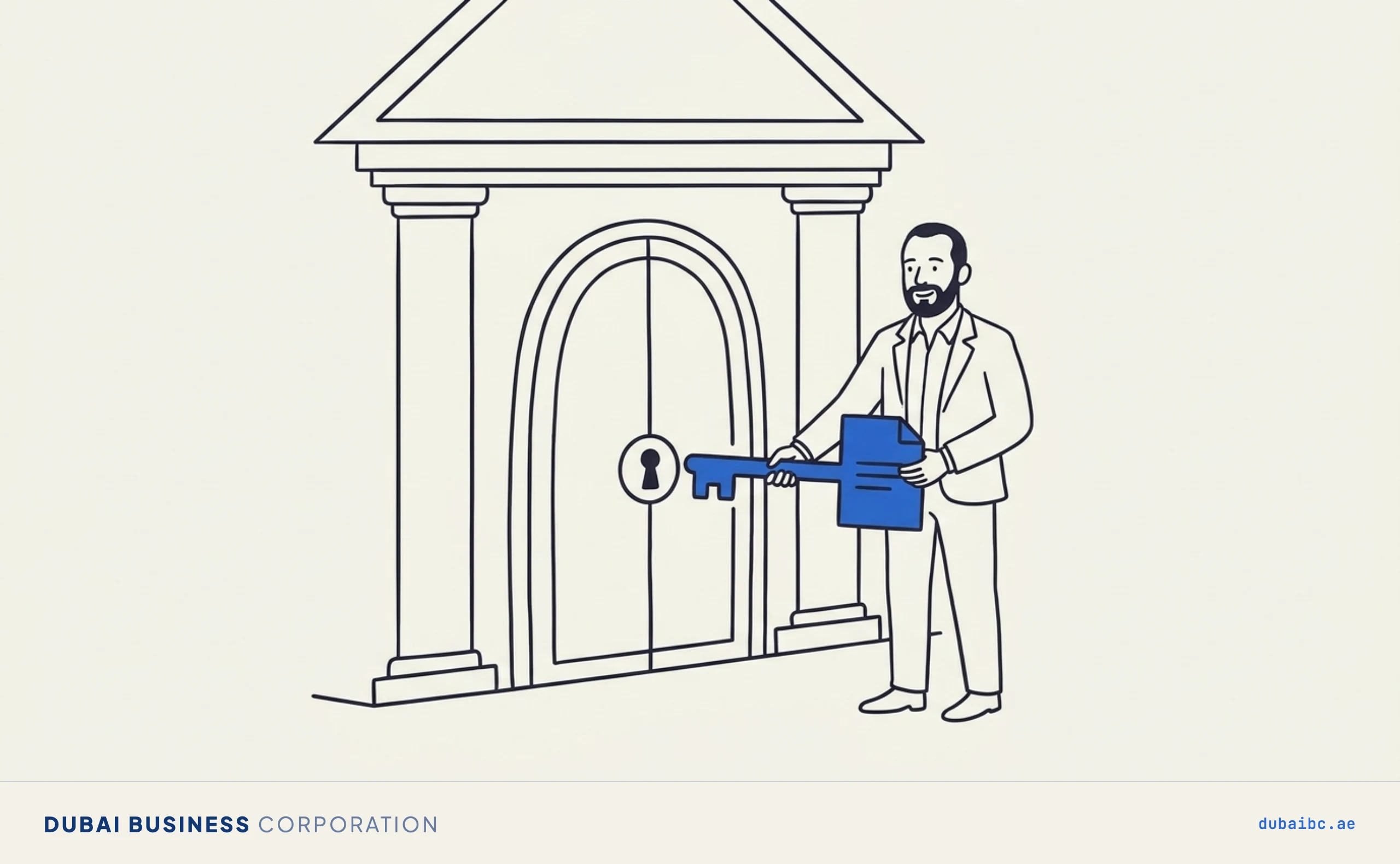 Ali holds a large blue key shaped like a flat document and inserts it into the keyhole of a bank building's arched front door.