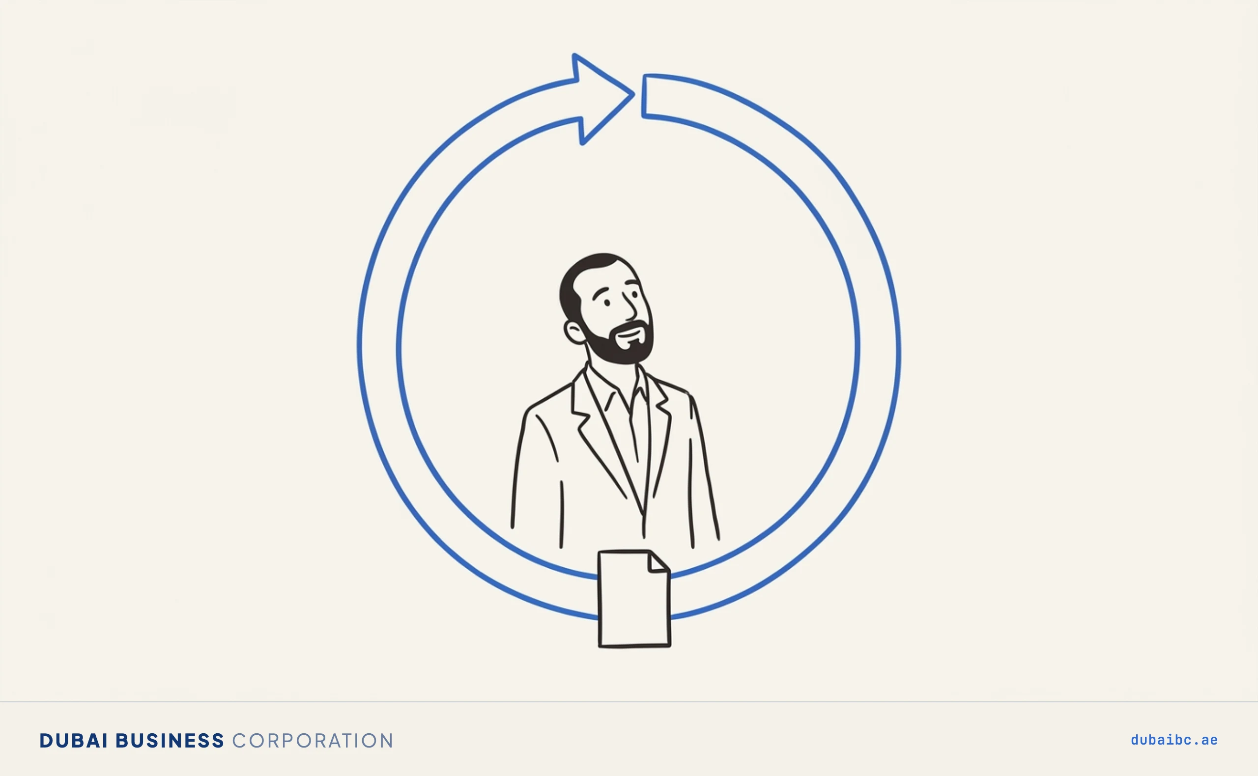 A blue circular renewal arrow looping back to its own starting point with a small document where the loop closes, and Ali standing inside the loop looking up at it.