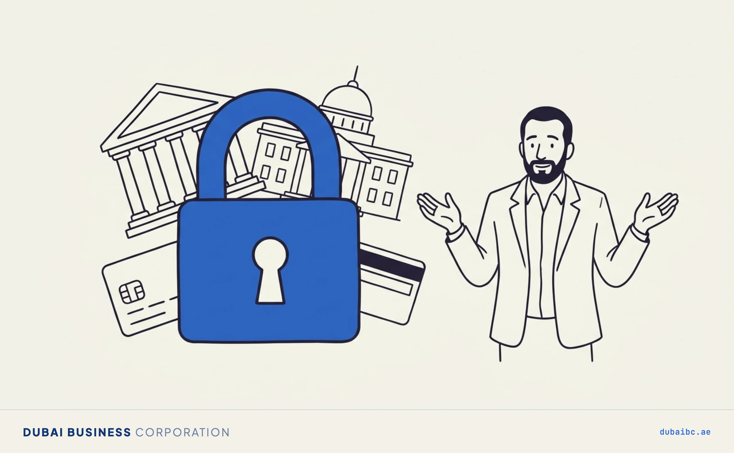 A large blue padlock dominates the center of the scene, with simple outlines of a bank, a government building, and a card partially visible behind it, while Ali stands to the side with raised open hands.