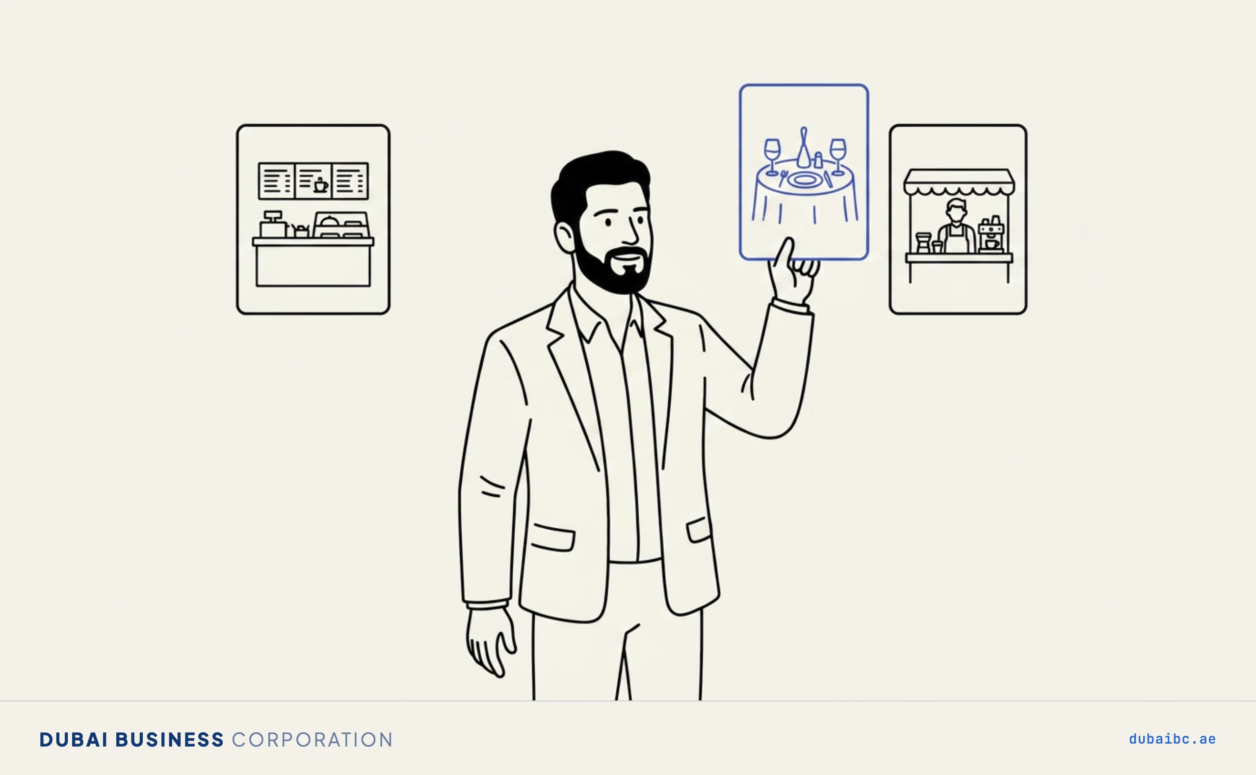 Line drawing of a man picking one activity card from three, the chosen one royal-blue.