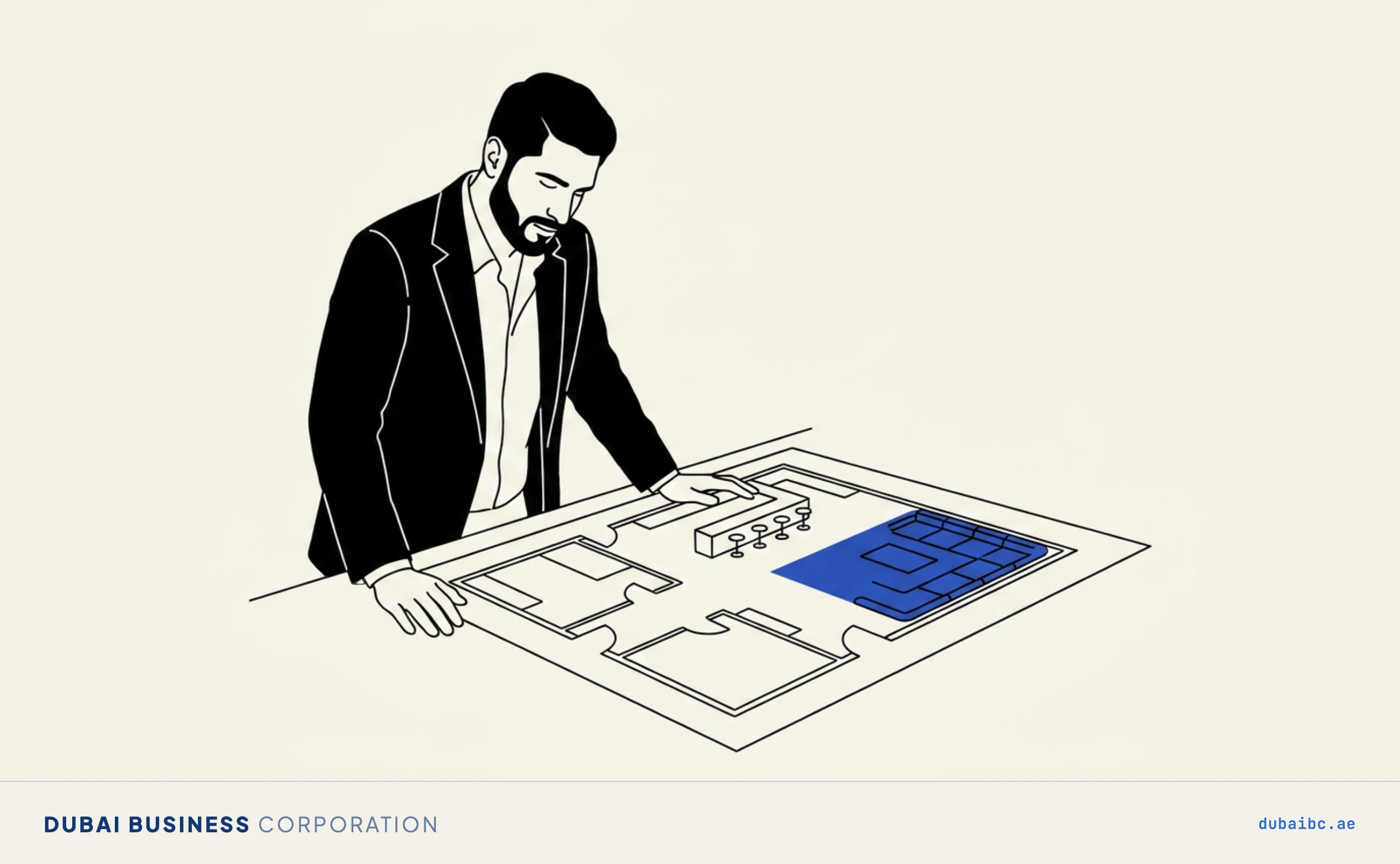 Line drawing of a man studying a floor outline with a single royal-blue seating zone.