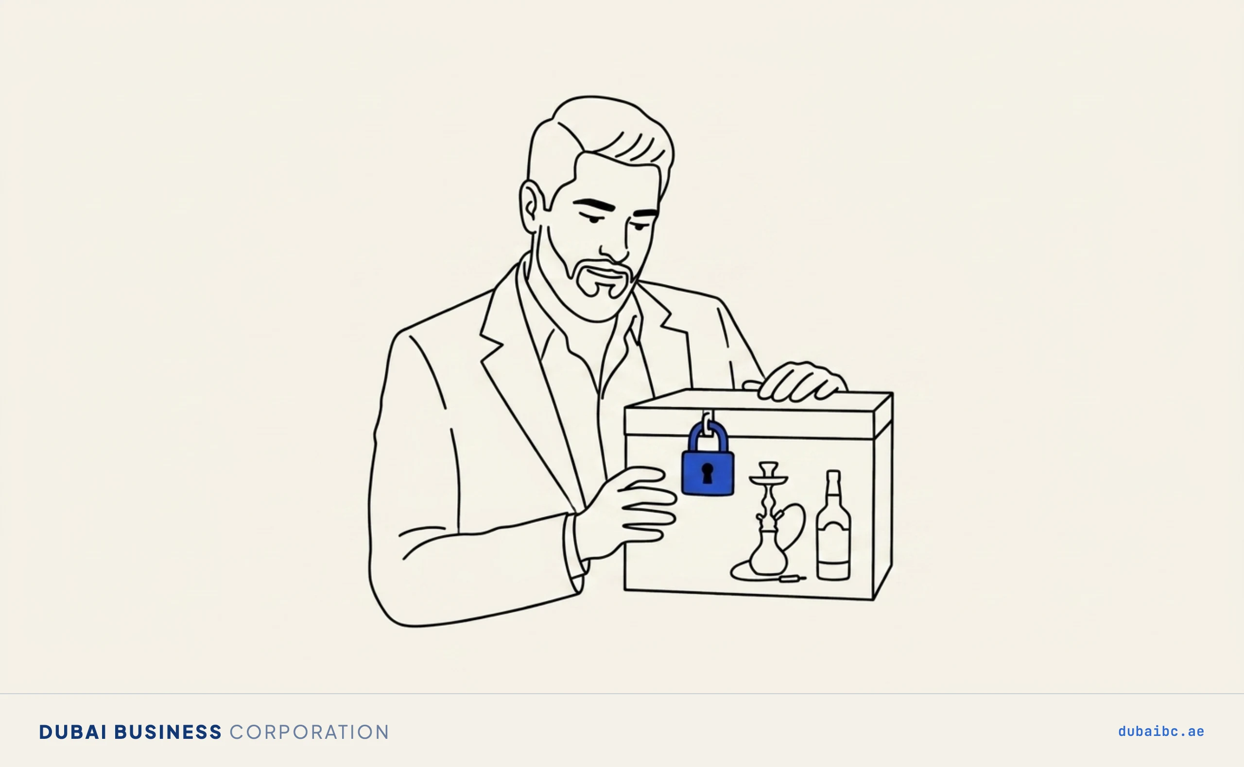 Line drawing of a man looking at an addition held shut by a single royal-blue lock.