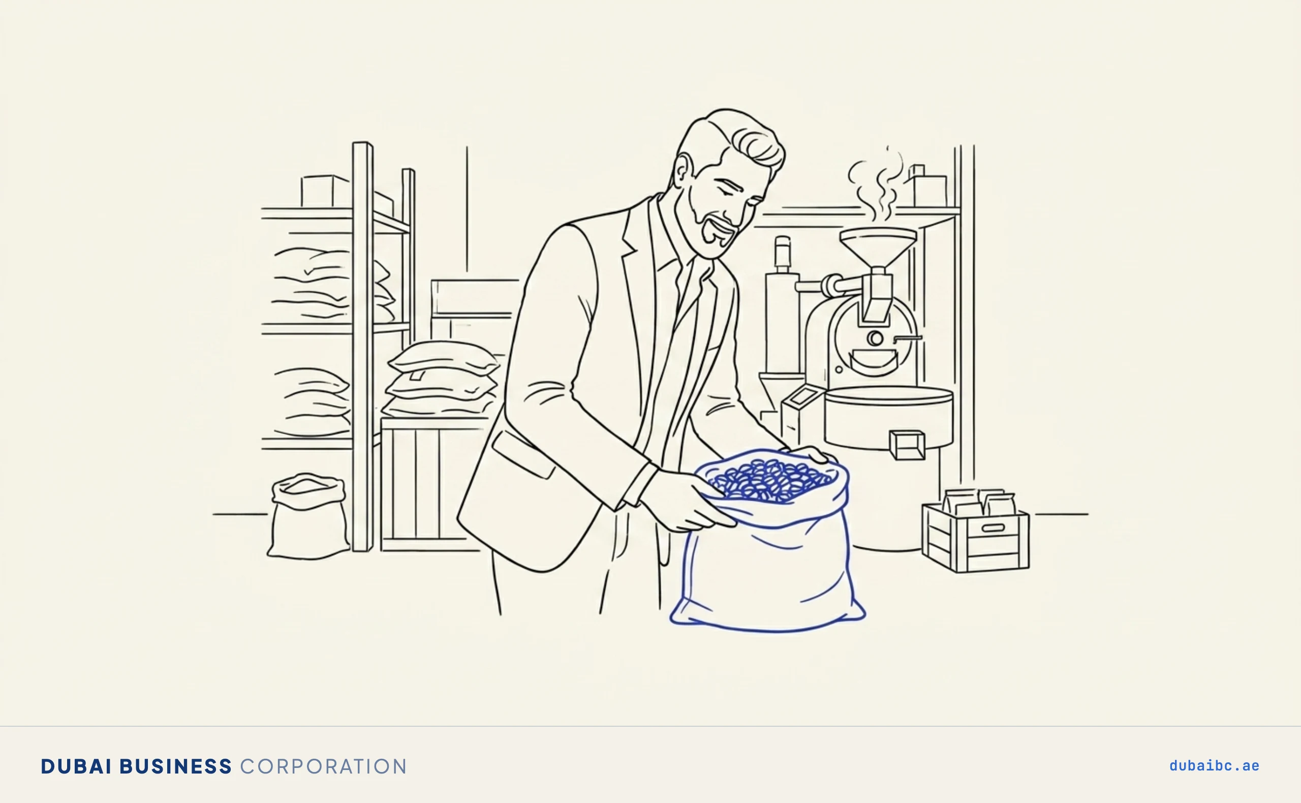 Line drawing of a man inspecting a single royal-blue sack of coffee beans in a store room.