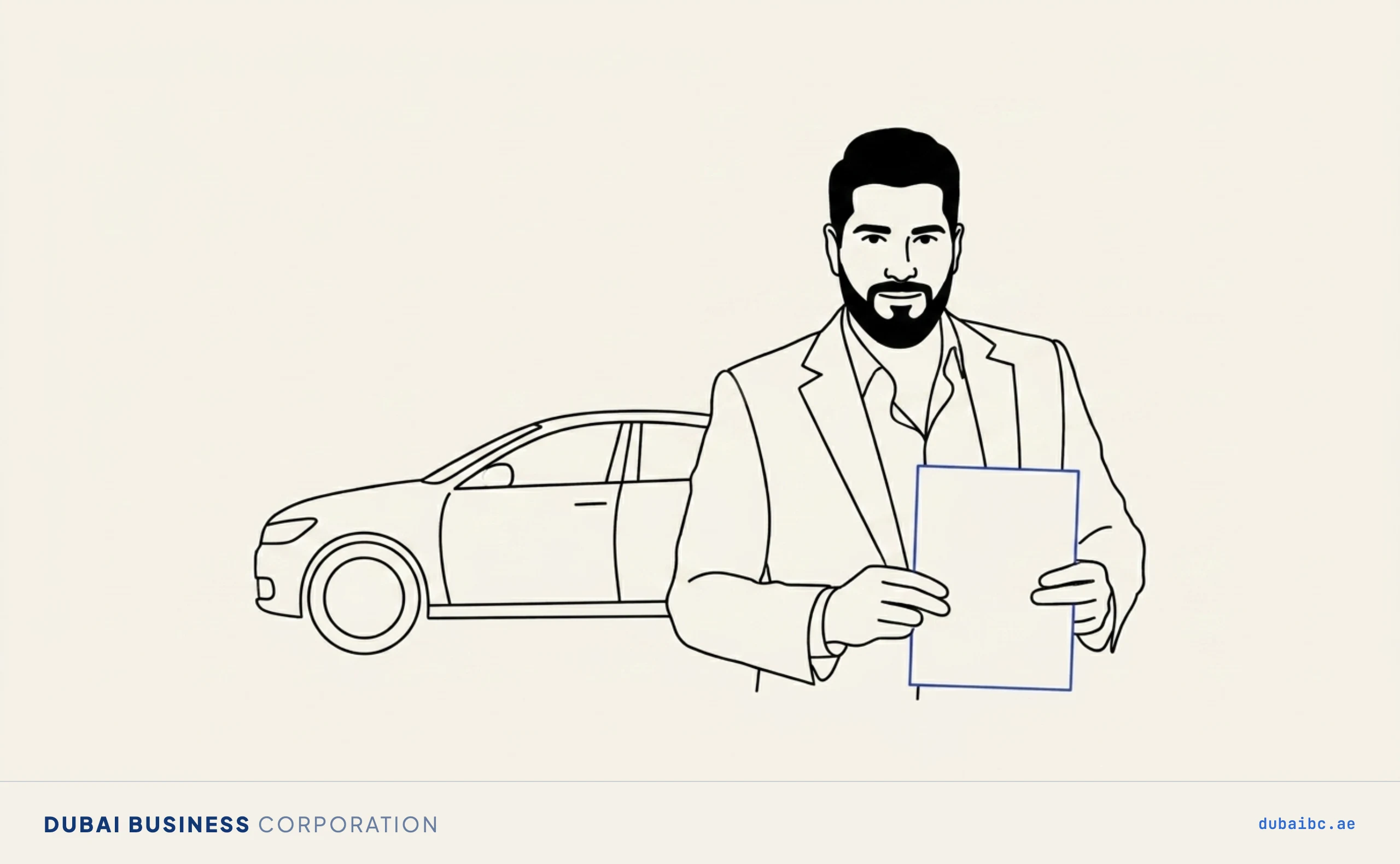 Line drawing of a man holding a single royal-blue notice beside a plain car.
