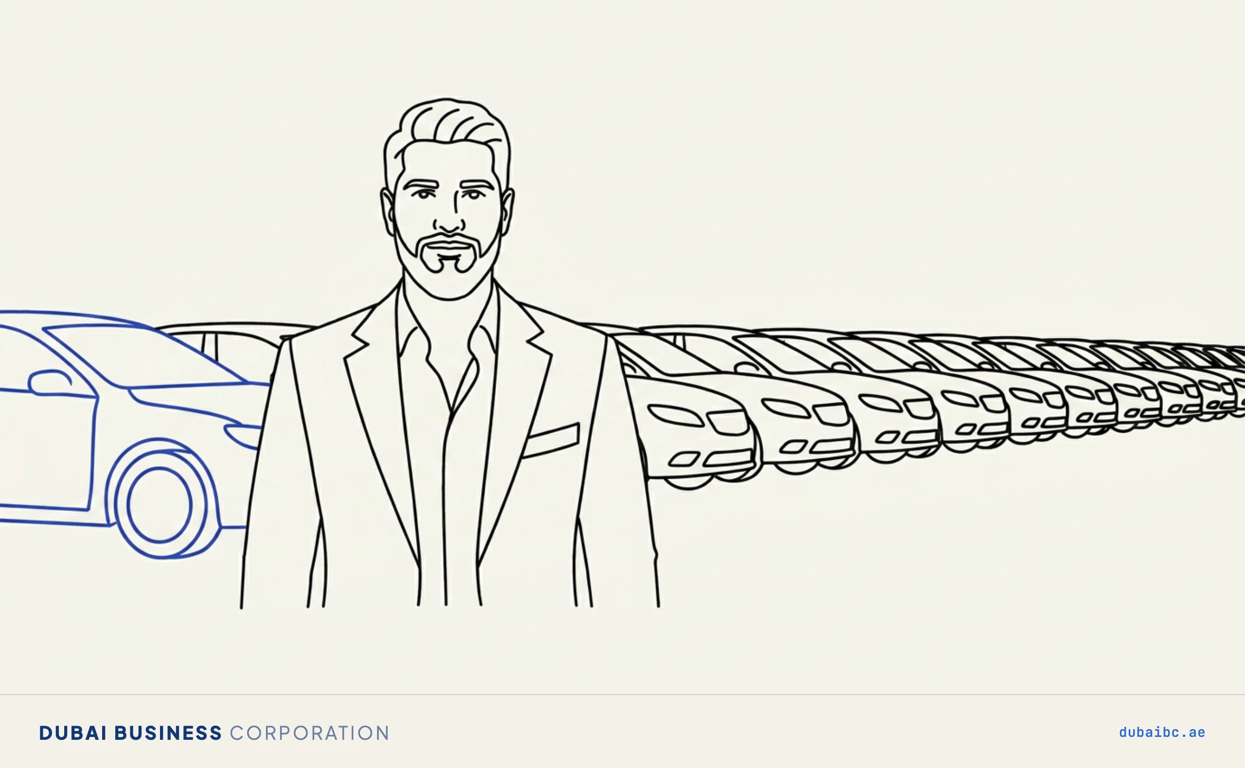 Line drawing of a man before a long row of cars, the first one royal-blue.