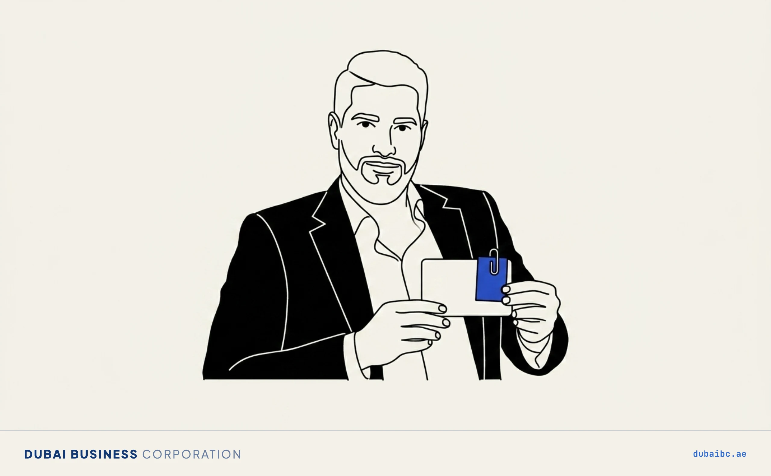 Line drawing of a man holding a licence with a single royal-blue rent-a-car permit clipped to it.