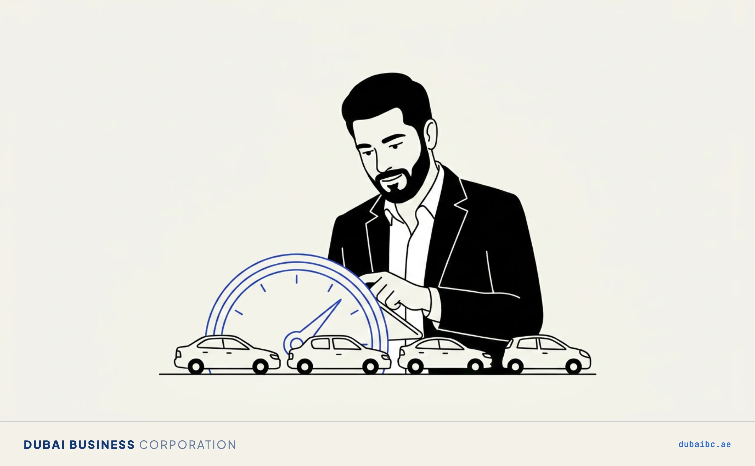Line drawing of a man reading a single royal-blue dial over a row of cars.