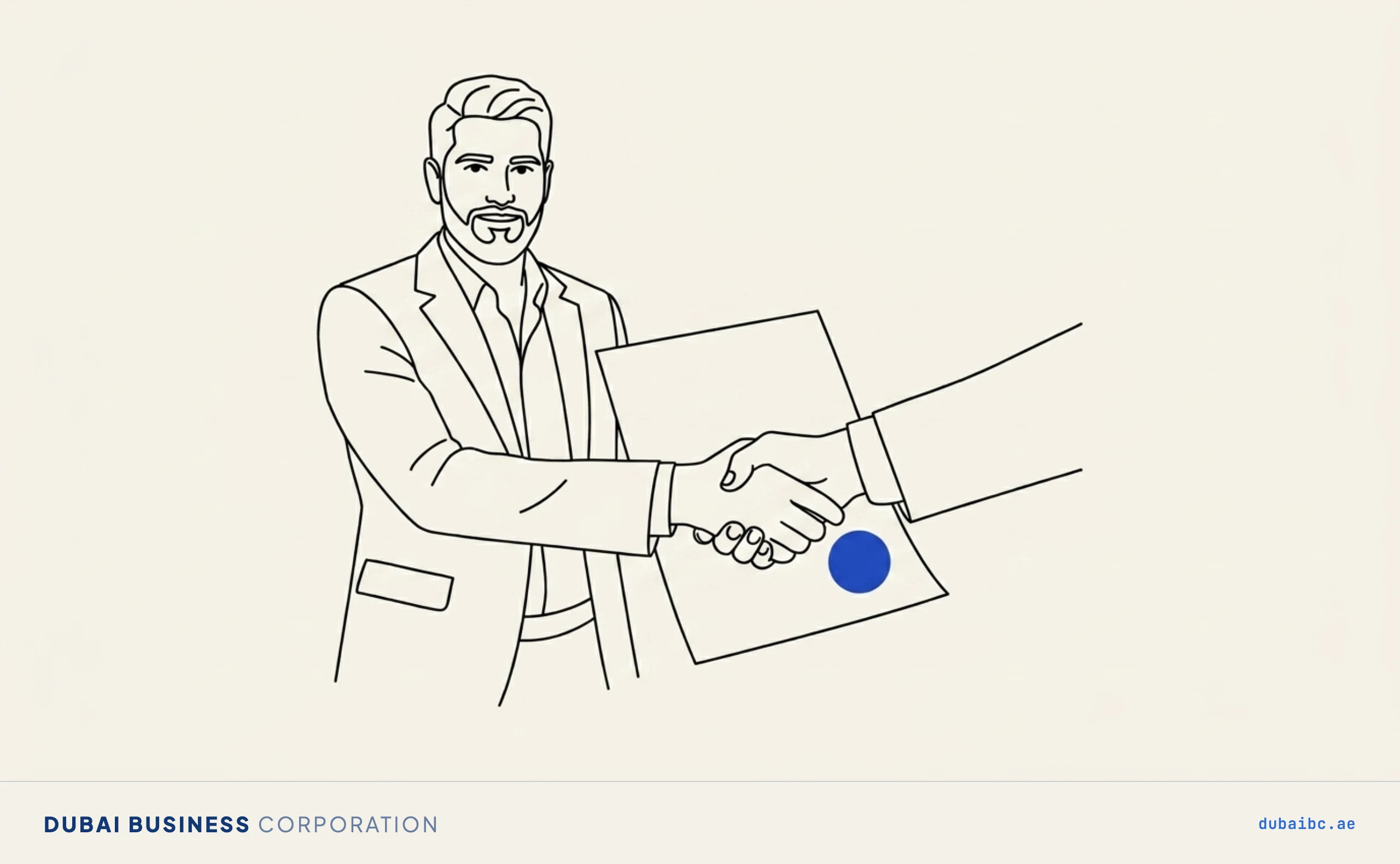Line drawing of a man shaking hands beside a contract carrying a single royal-blue seal.