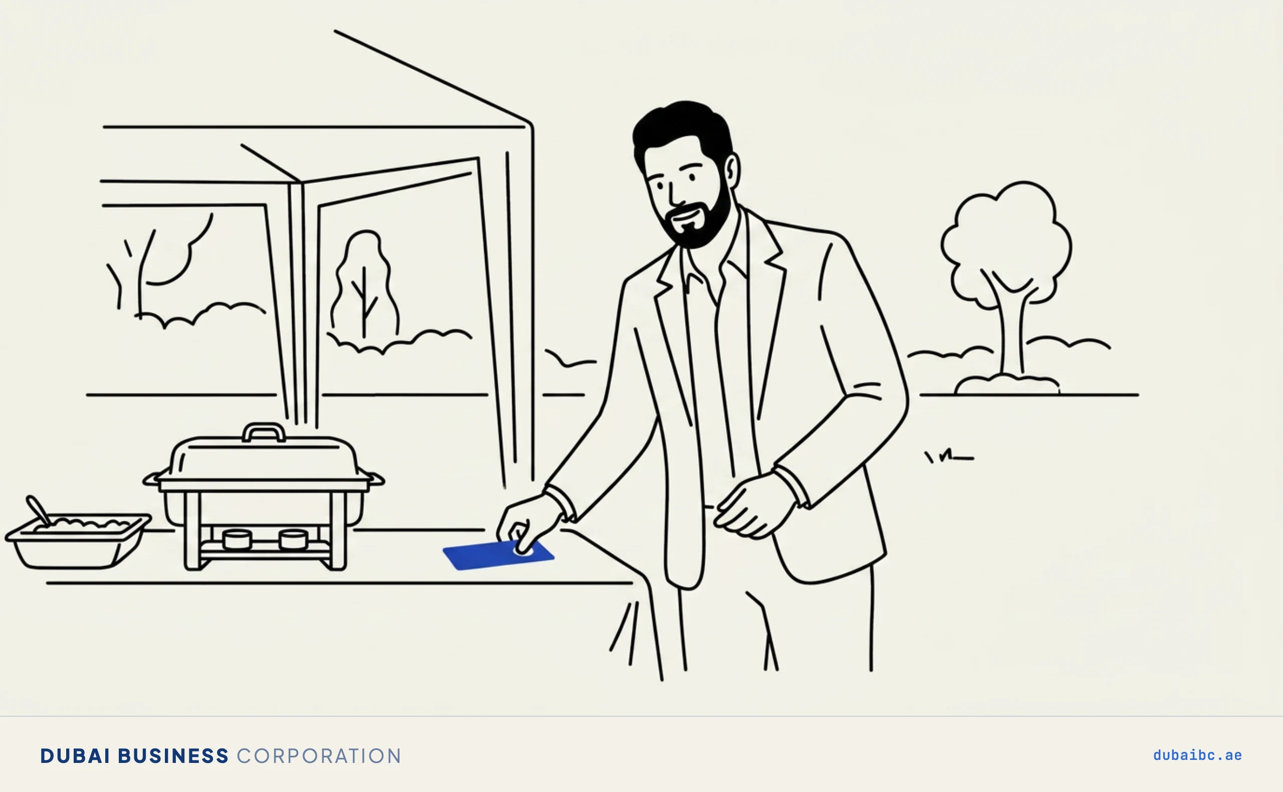 Line drawing of a man setting a single royal-blue permit marker on an outdoor event table.