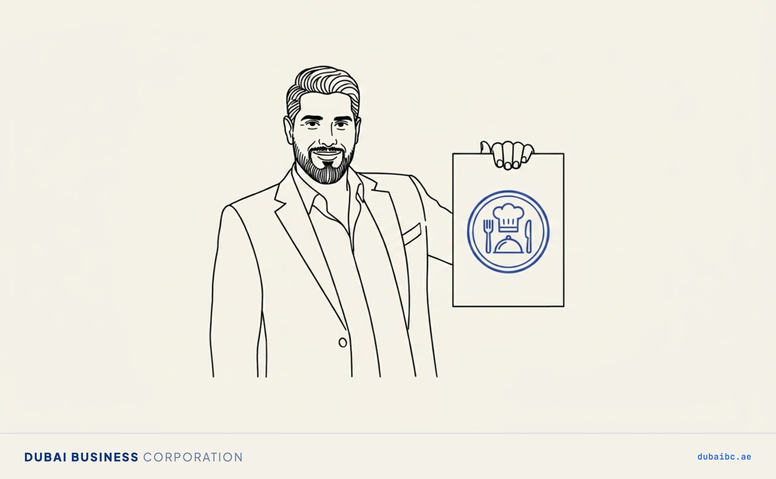 Line drawing of a man holding a licence marked with a single royal-blue catering stamp.
