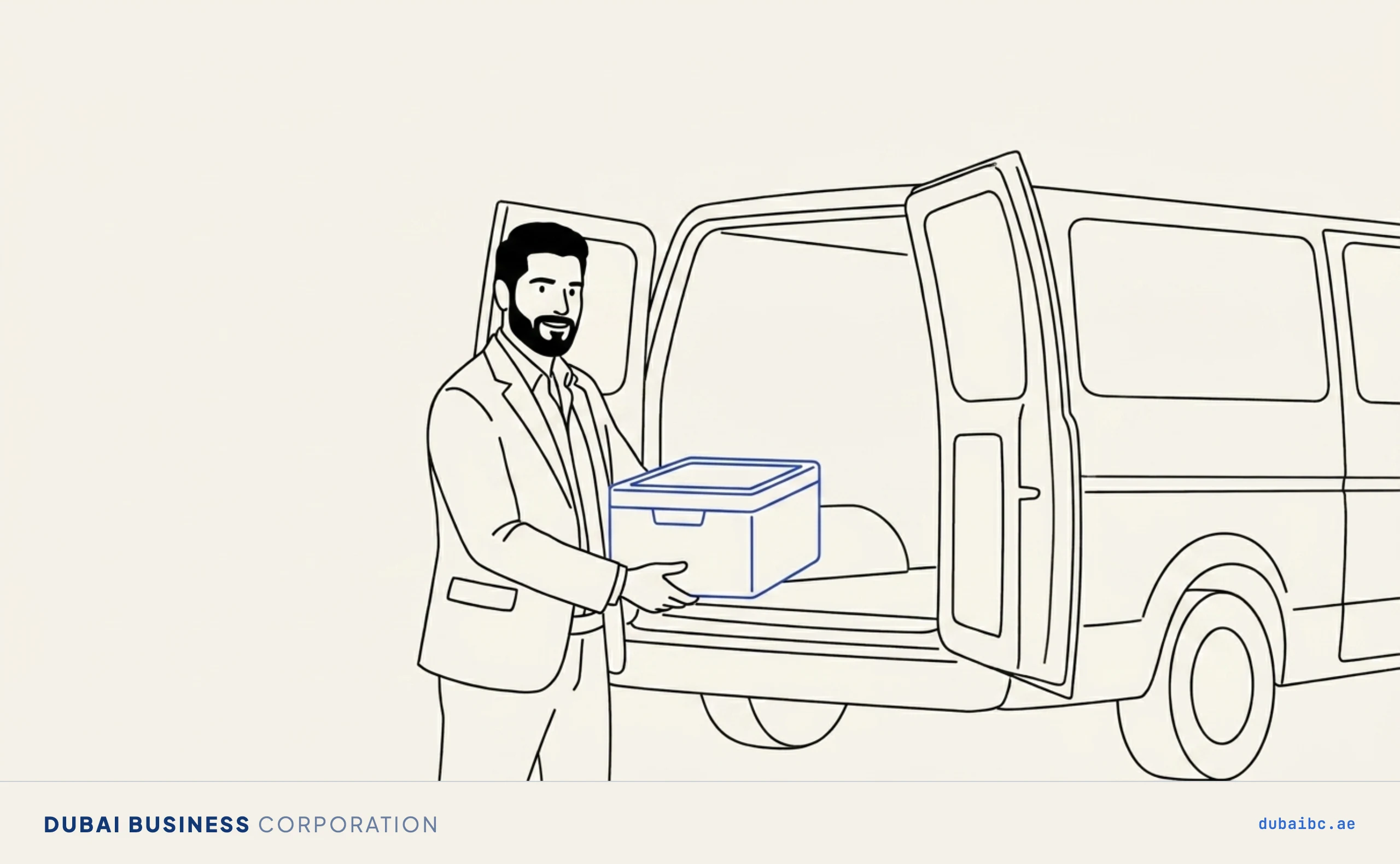 Line drawing of a man loading a single royal-blue insulated food box into a plain van.