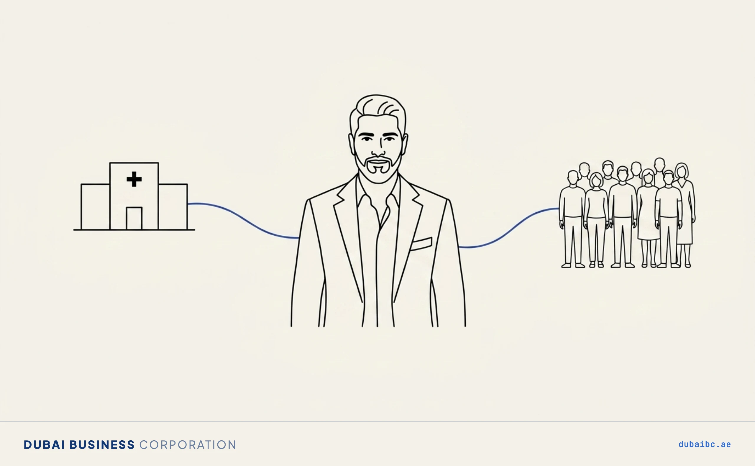 Line drawing of a man connecting a clinic to a crowd of patients with a single royal-blue link.
