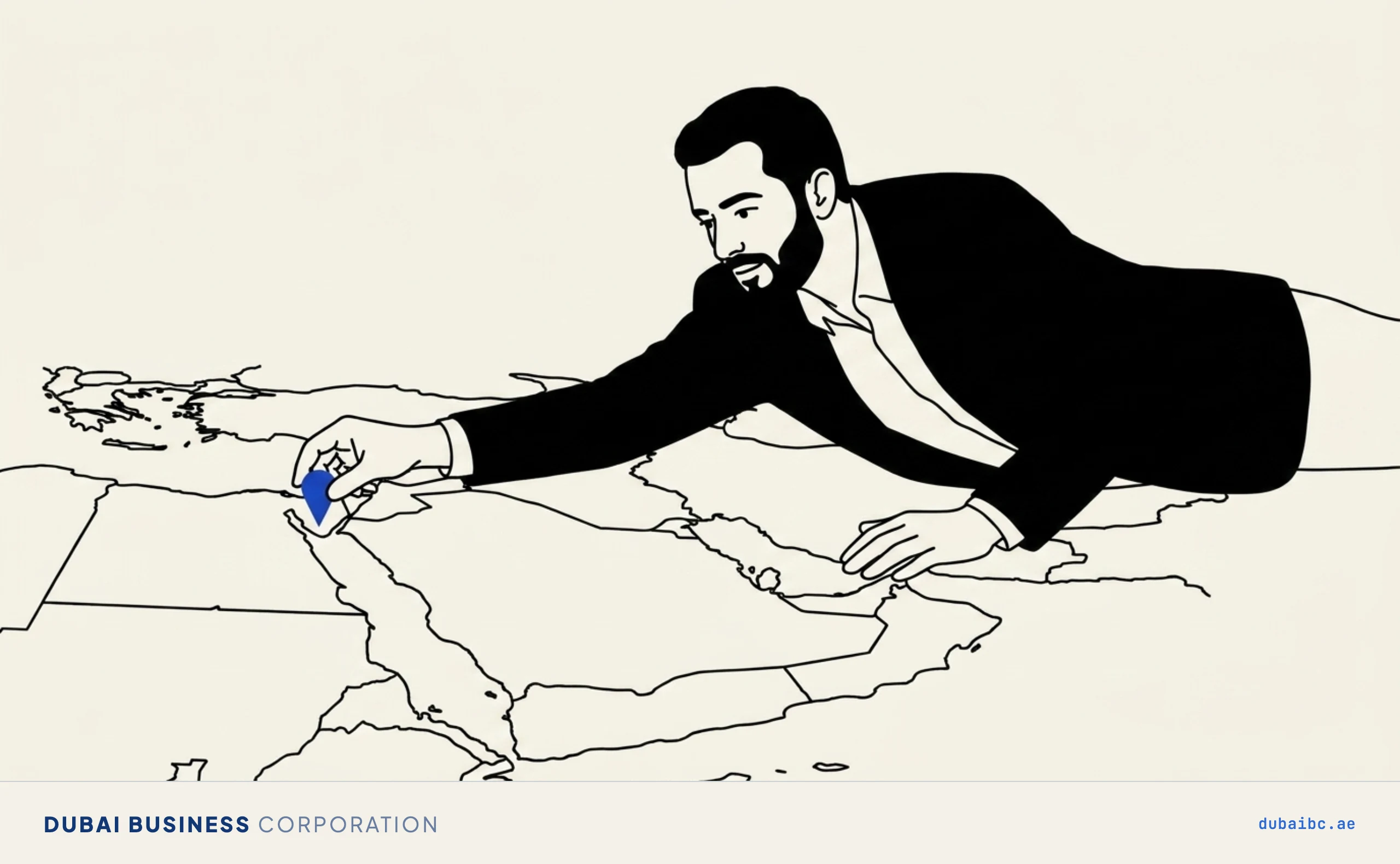 Line drawing of a man placing a single royal-blue pin on a plain map.