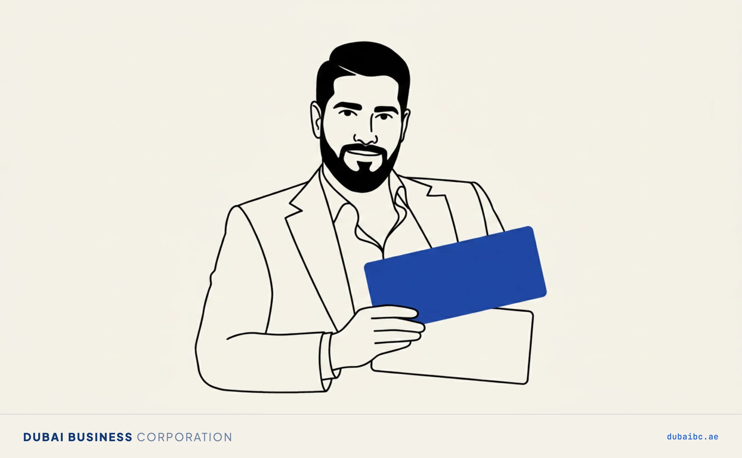 Line drawing of a man holding two licence plaques, one royal-blue.