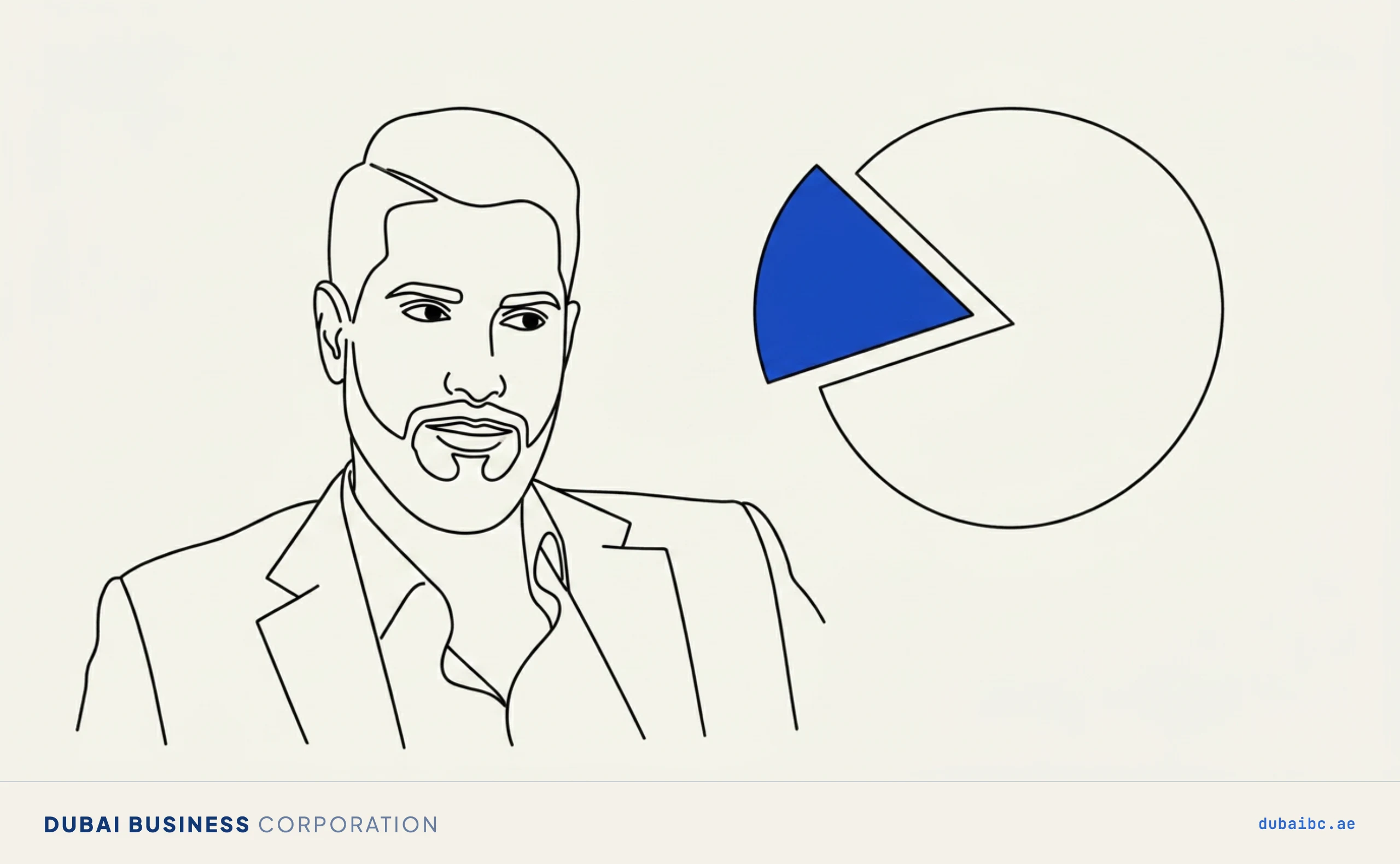 Line drawing of a man looking at a plain circle with one royal-blue slice separated out.