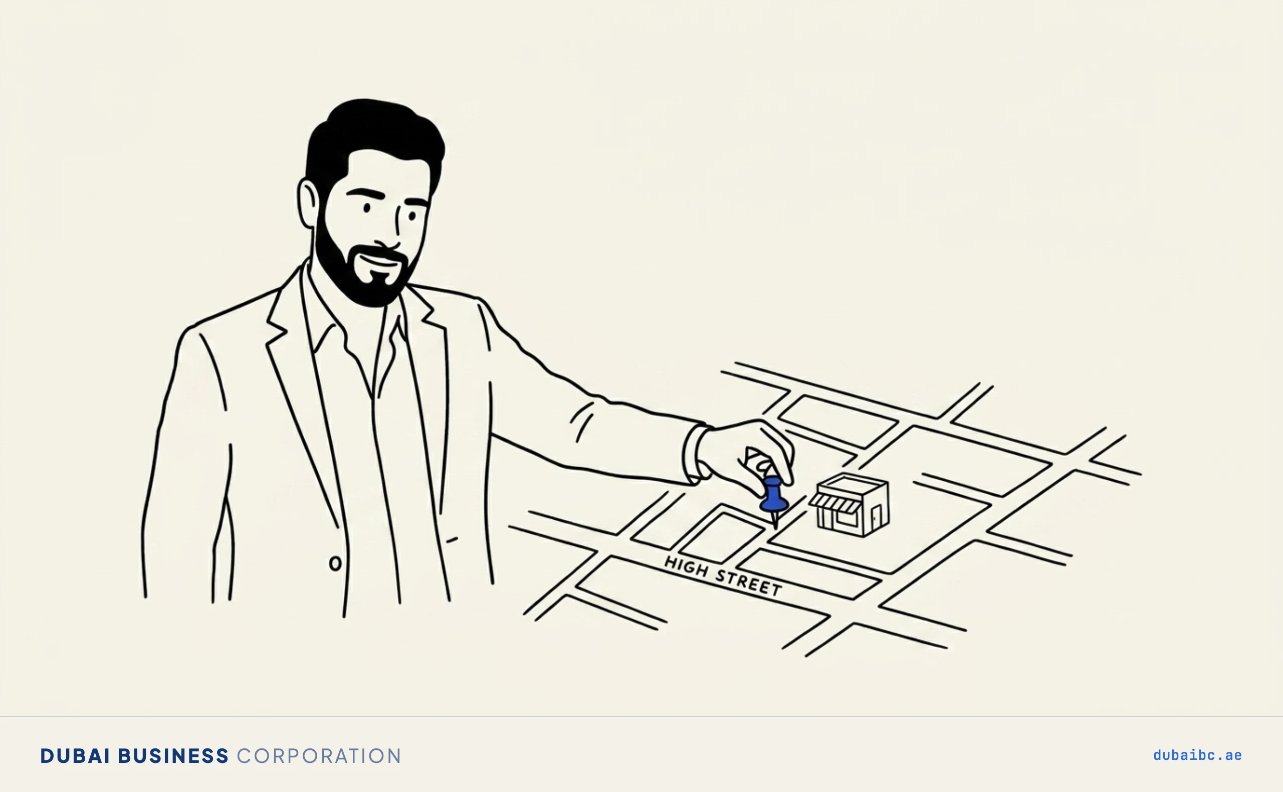 Line drawing of a man placing a single royal-blue pin on a map away from the main street.