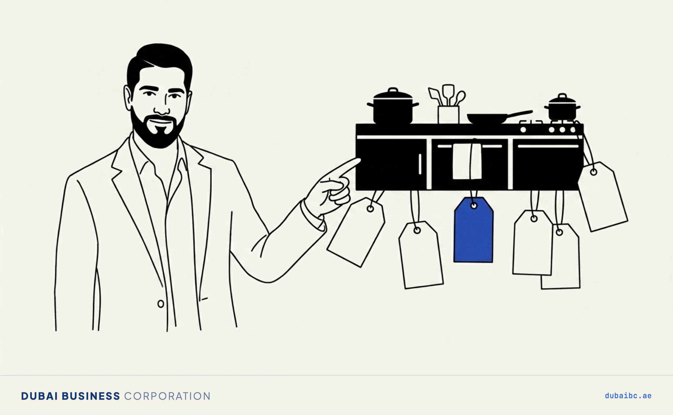 Line drawing of a man pointing at one kitchen feeding several hanging tags, one royal-blue.