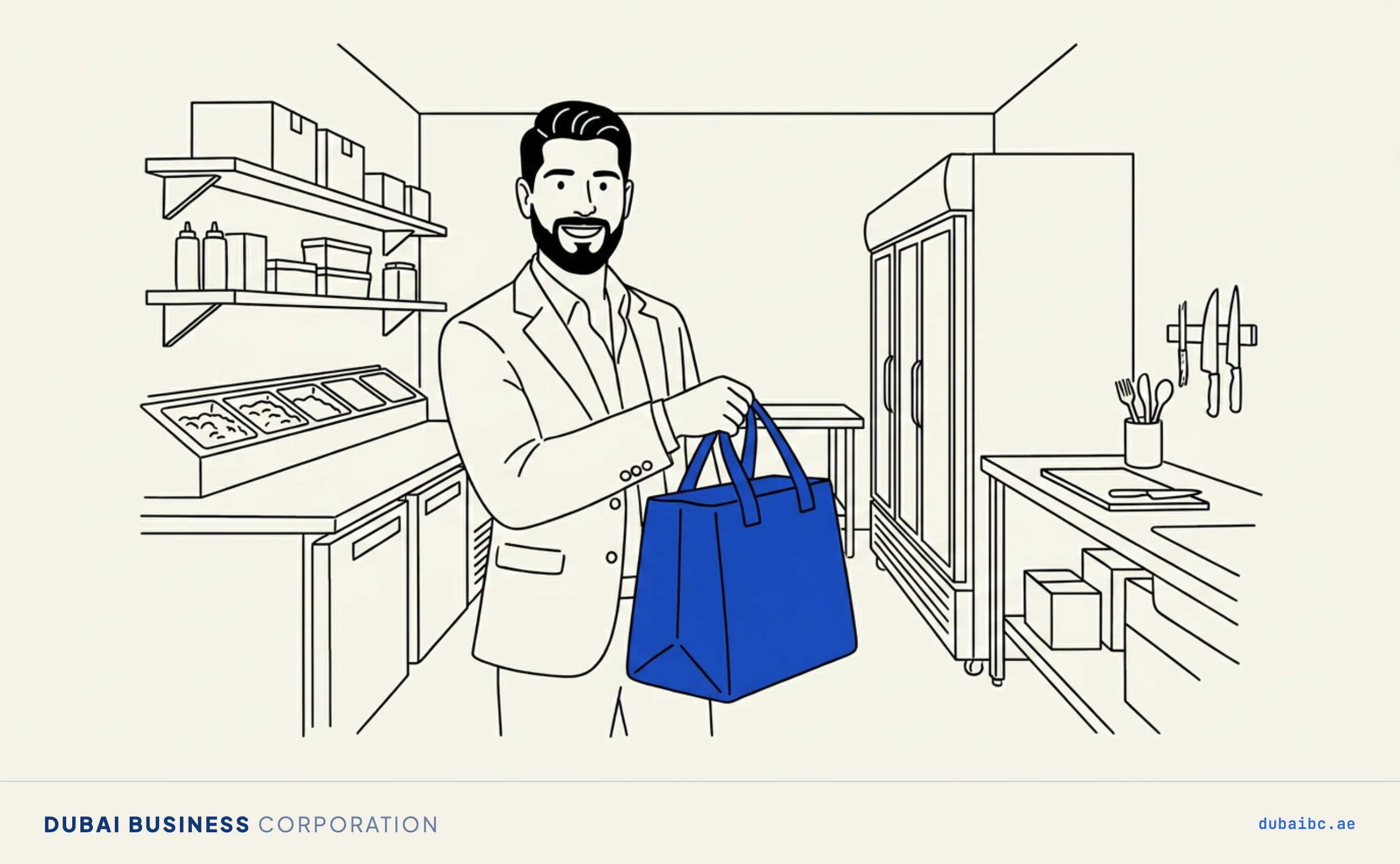 Line drawing of a man in a kitchen with no dining area holding a single royal-blue delivery bag.