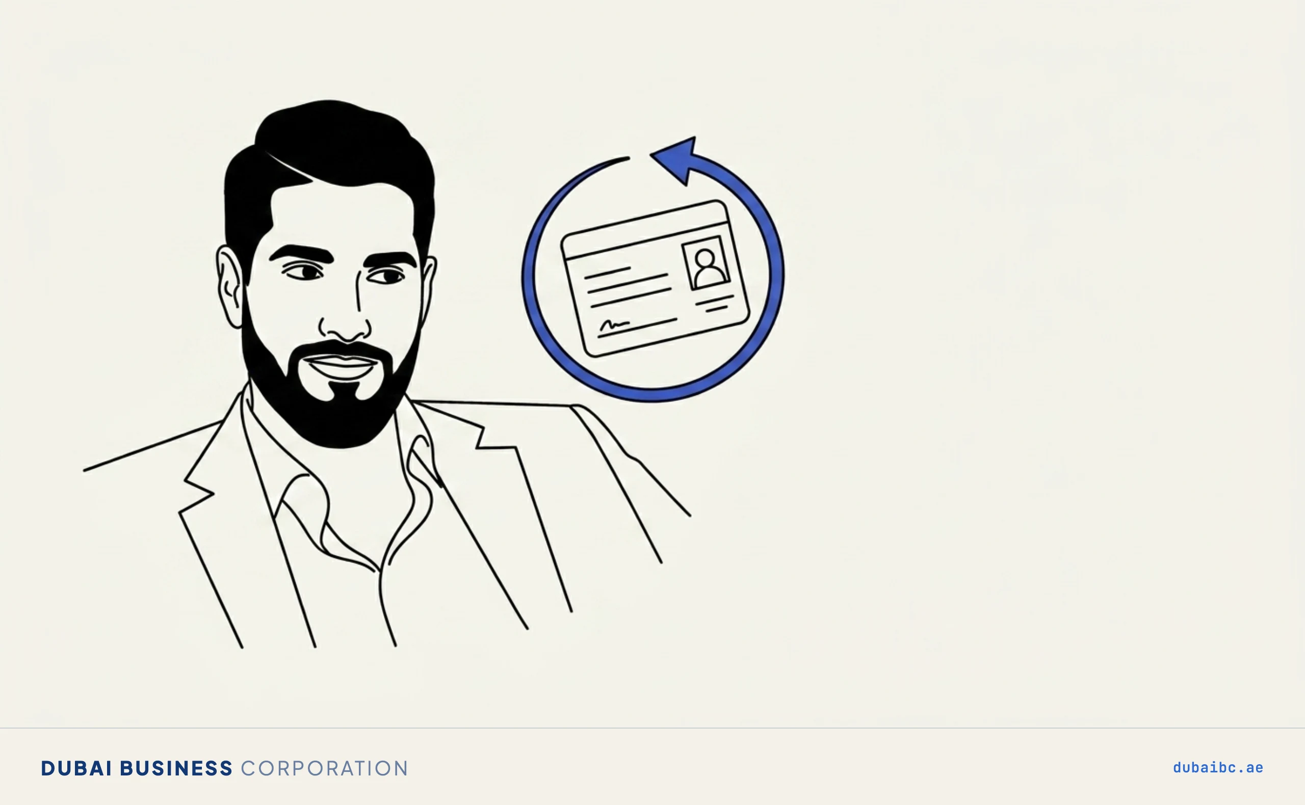 Line drawing of a man looking at a licence document with a single royal-blue circular renewal arrow around it.