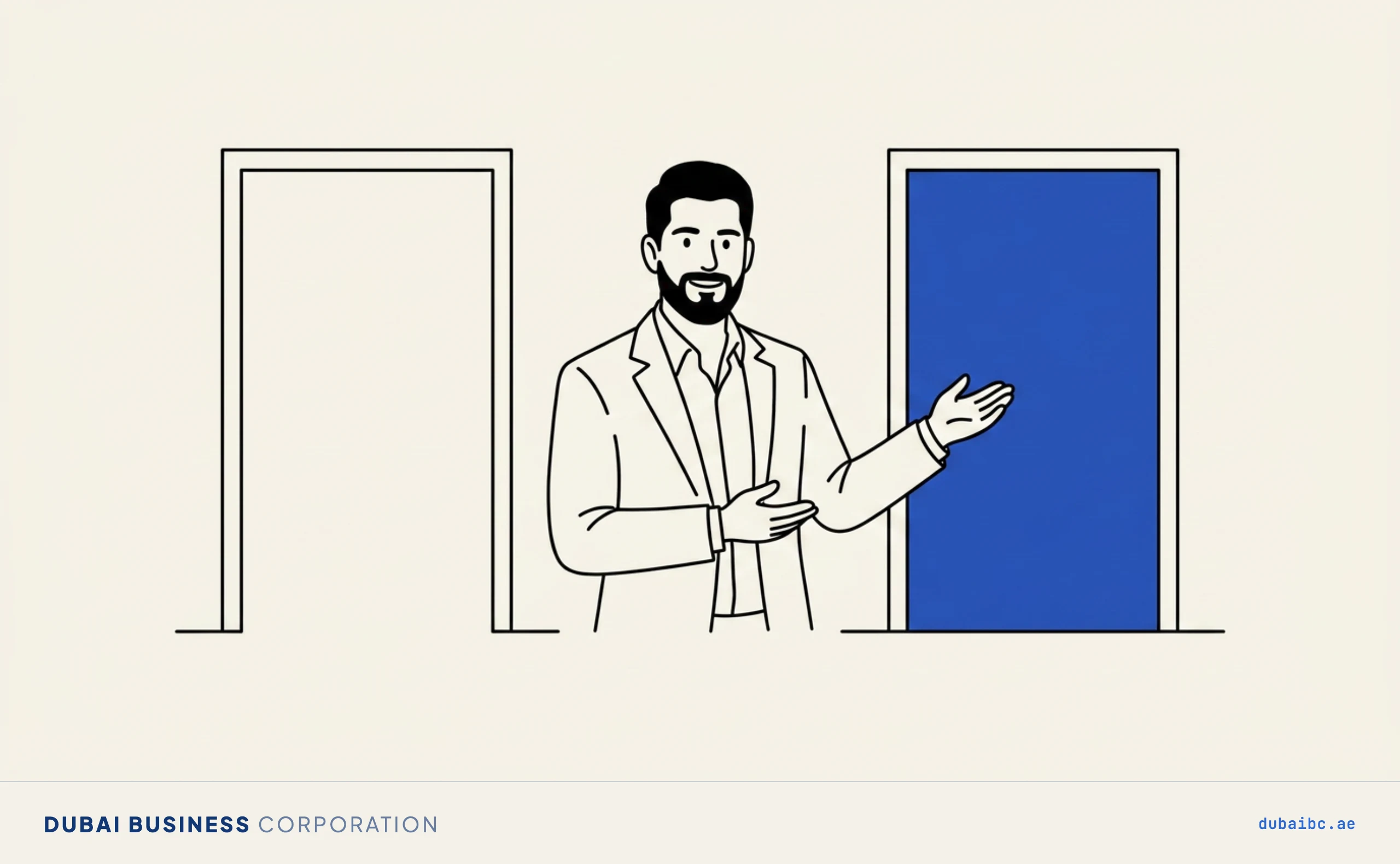 Line drawing of a man standing between two doorways, the right one filled royal-blue.