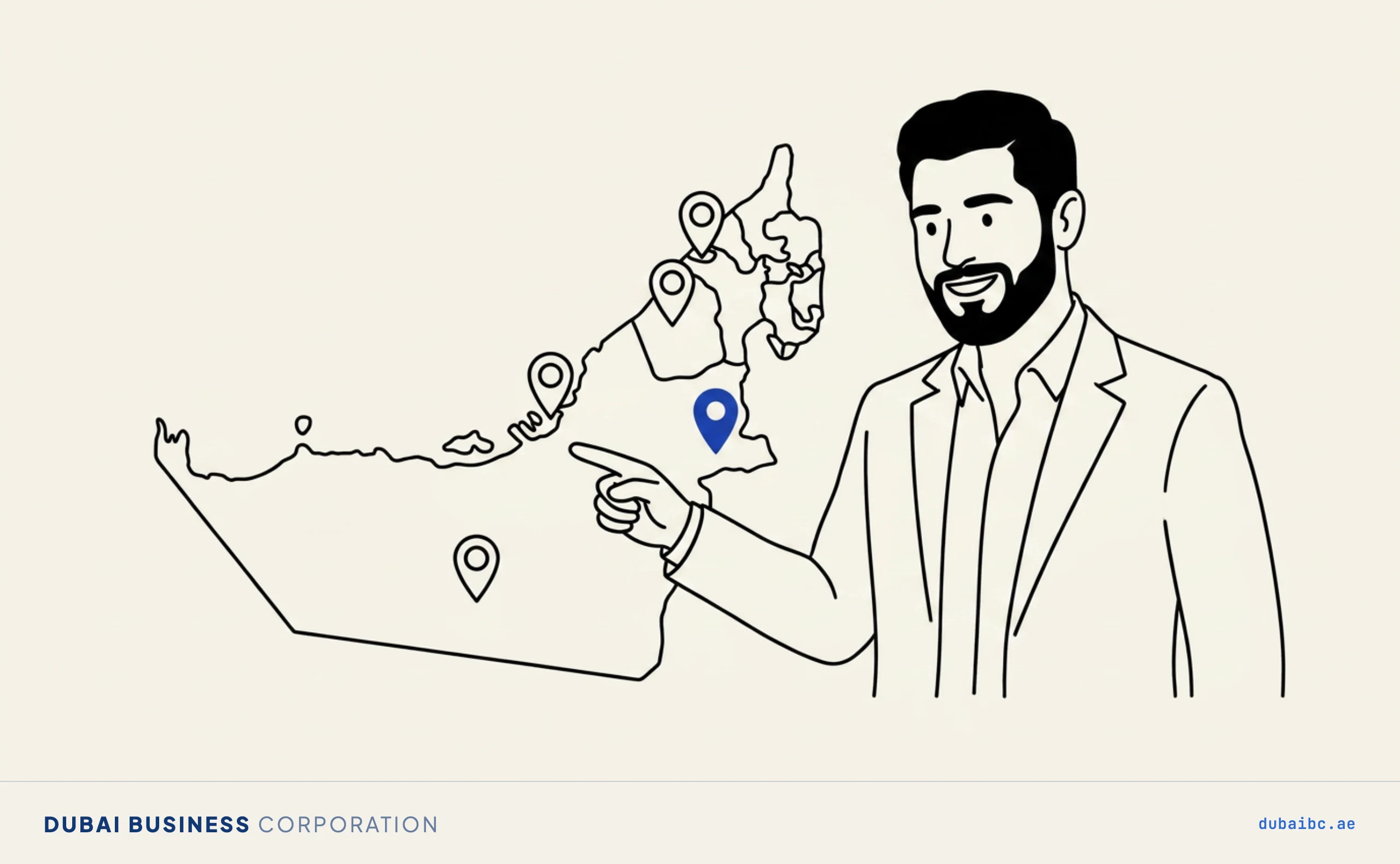 Line drawing of a man pointing at a map of the seven emirates with seven pins, one royal-blue.