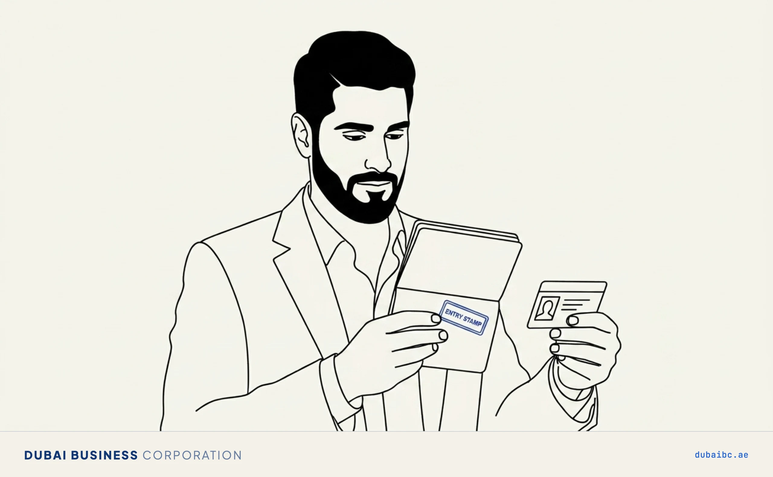 Line drawing of a man holding a blank passport booklet with a single royal-blue stamp.