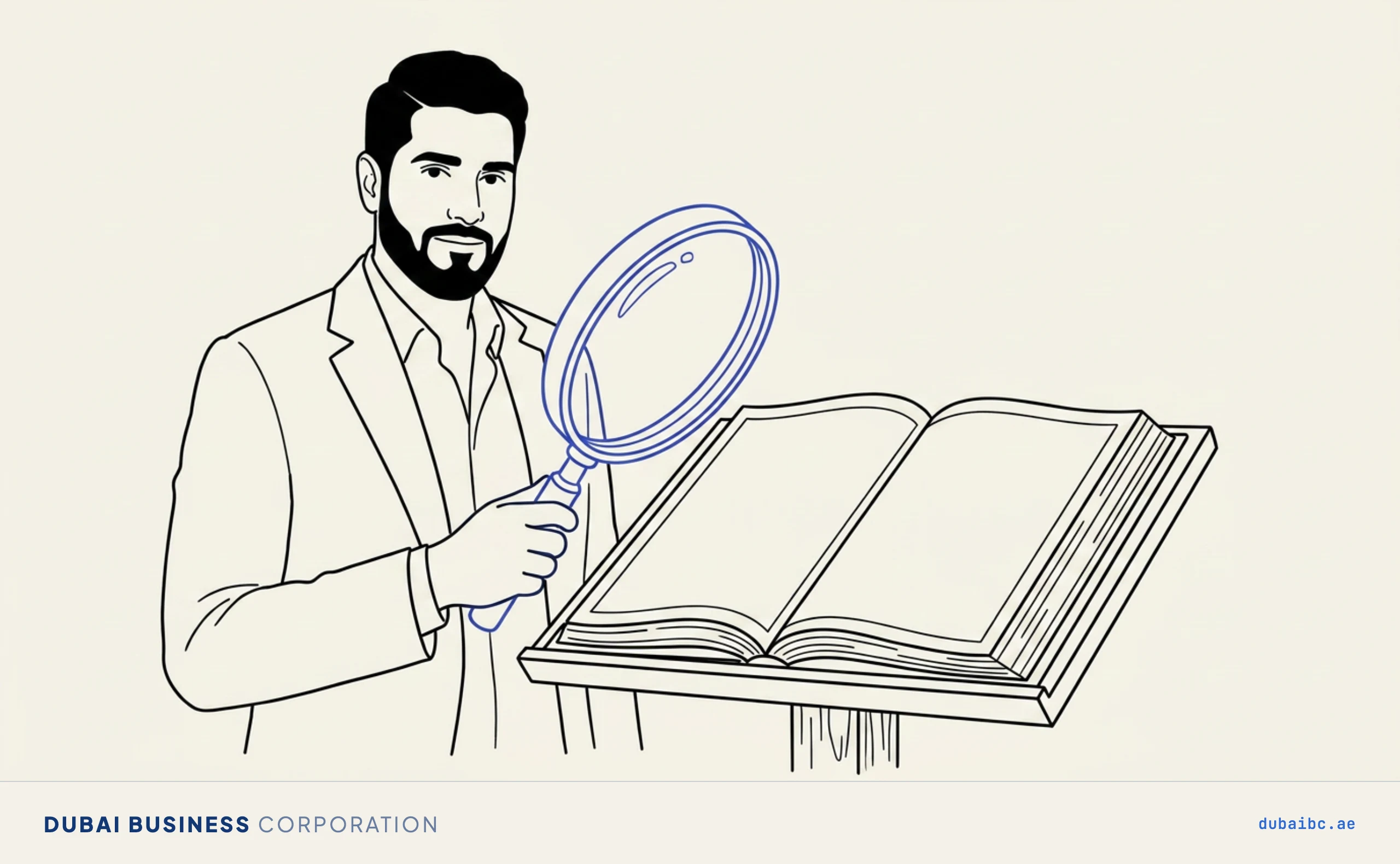 Ali inspects a blank ledger with a magnifying glass.
