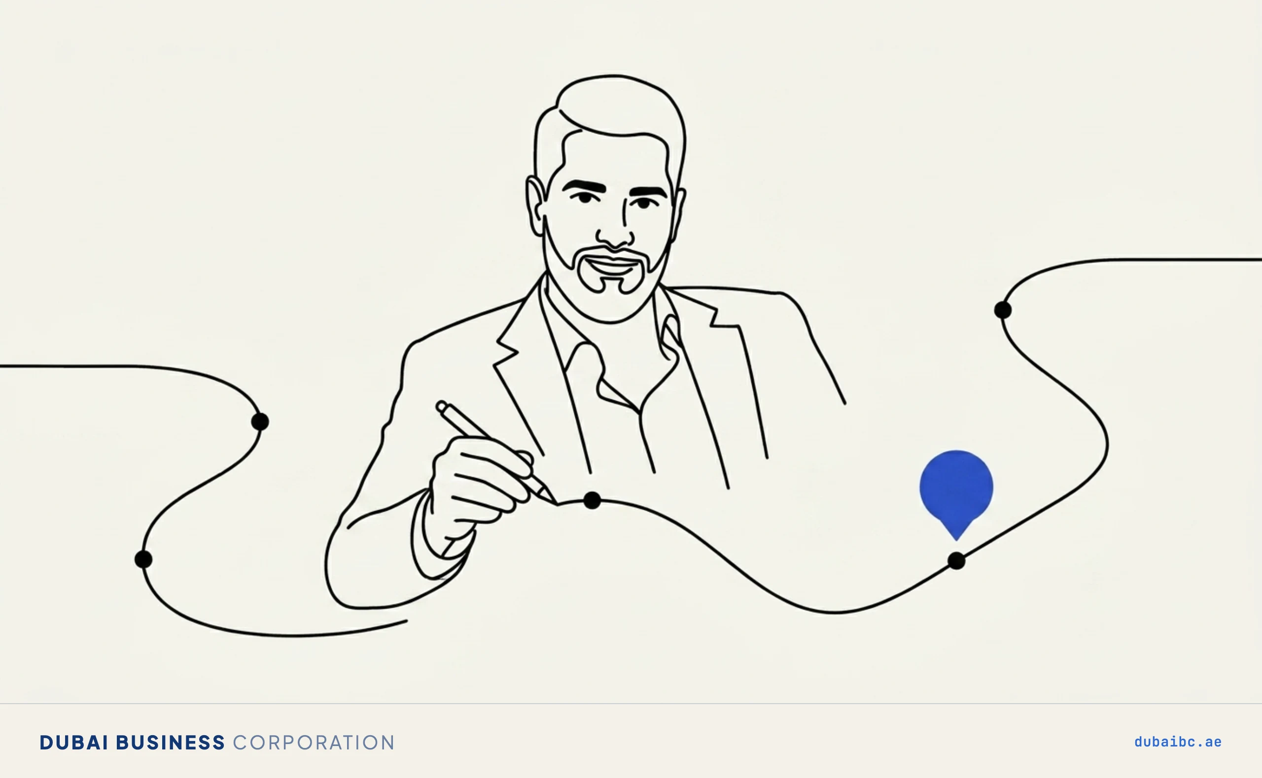 Line drawing of a man tracing a delivery route dotted with stops, one royal-blue.