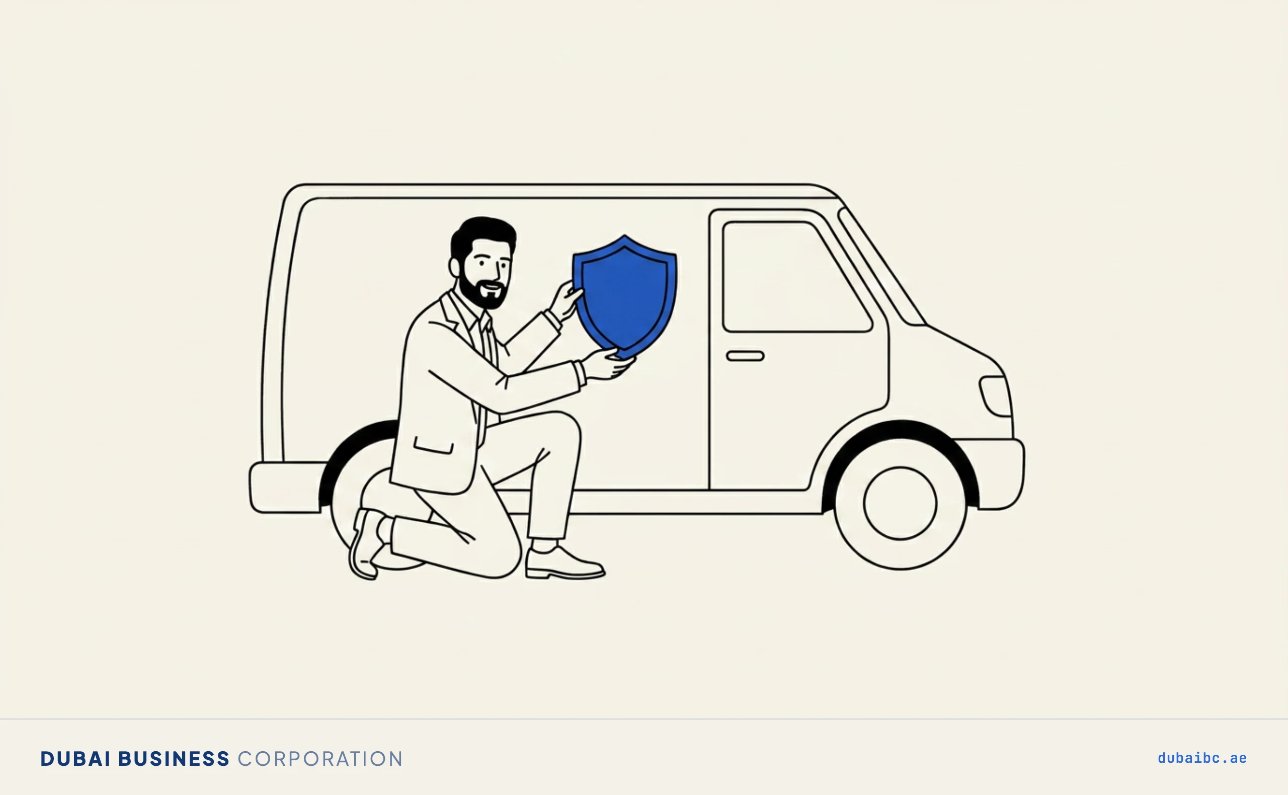 Line drawing of a man fixing a single royal-blue shield to a plain delivery vehicle.