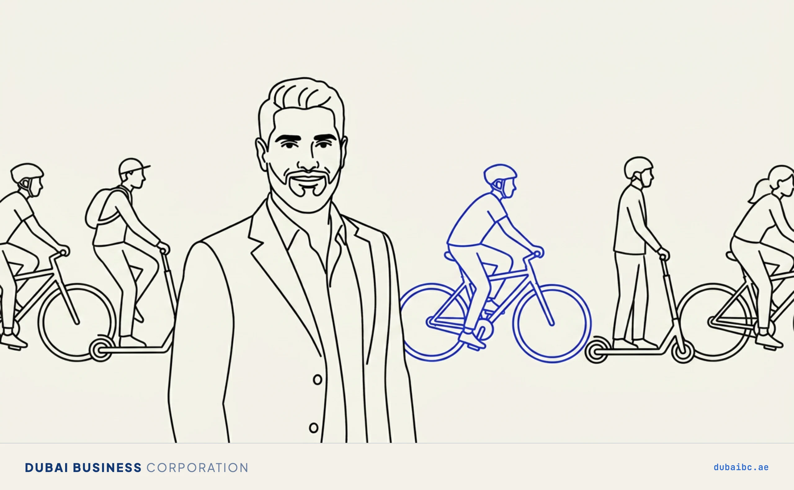 Line drawing of a man standing with a row of rider figures, one royal-blue.