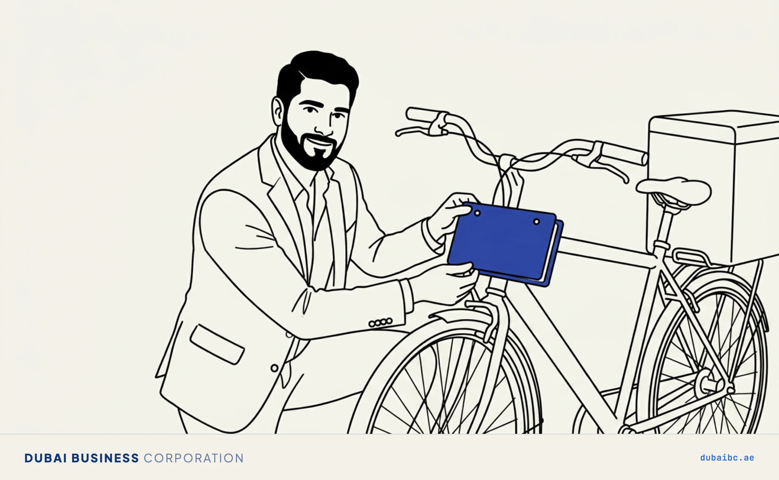Line drawing of a man fitting a single royal-blue permit plate onto a plain delivery bike.